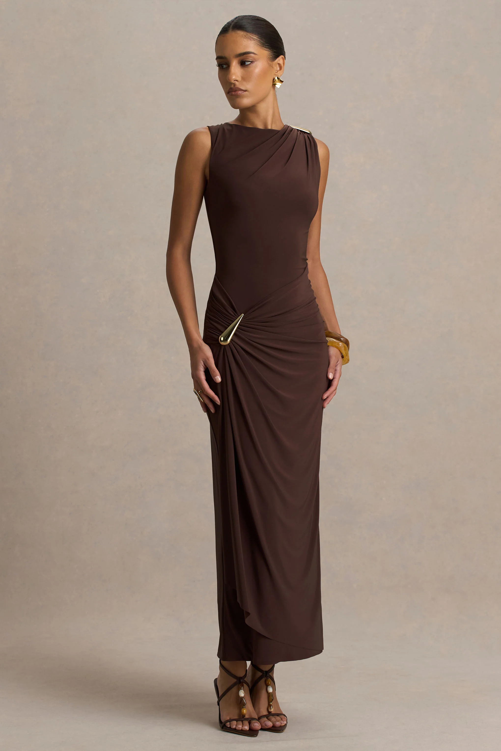 Fiora | Brown Wide-Neck Maxi Dress With Gathered Detail - Image 4