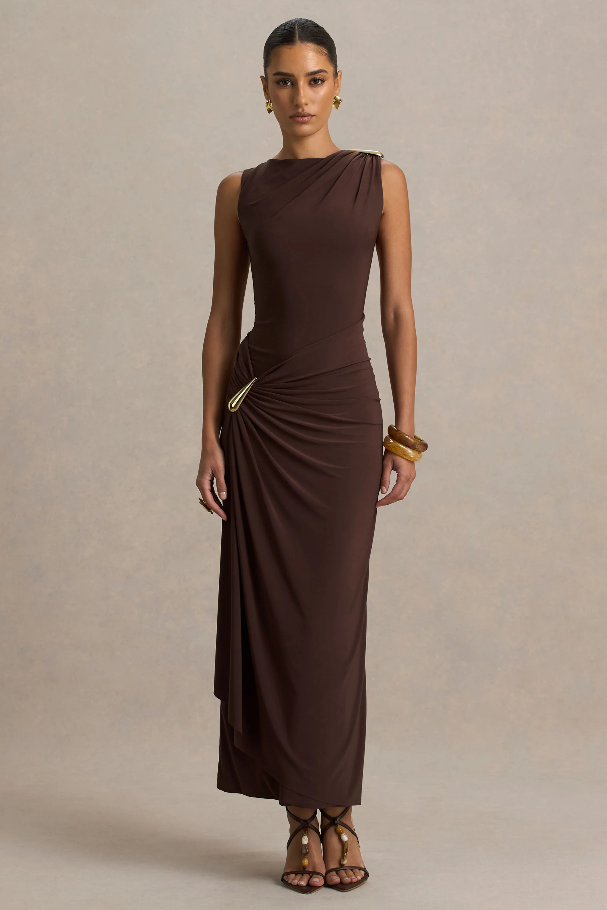 Fiora | Brown Wide-Neck Maxi Dress With Gathered Detail - Image 5