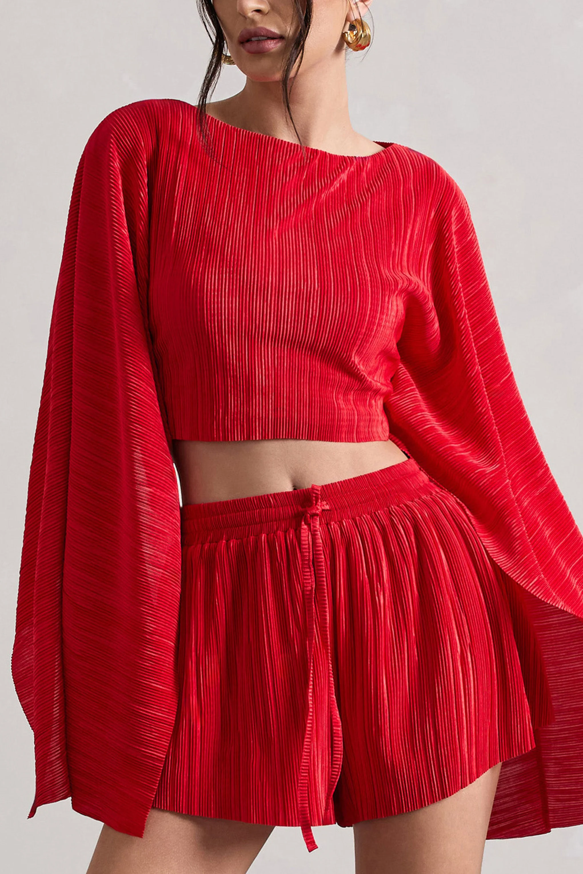 Flare | Red Plisse Cape Sleeve Crop Top - Image 3