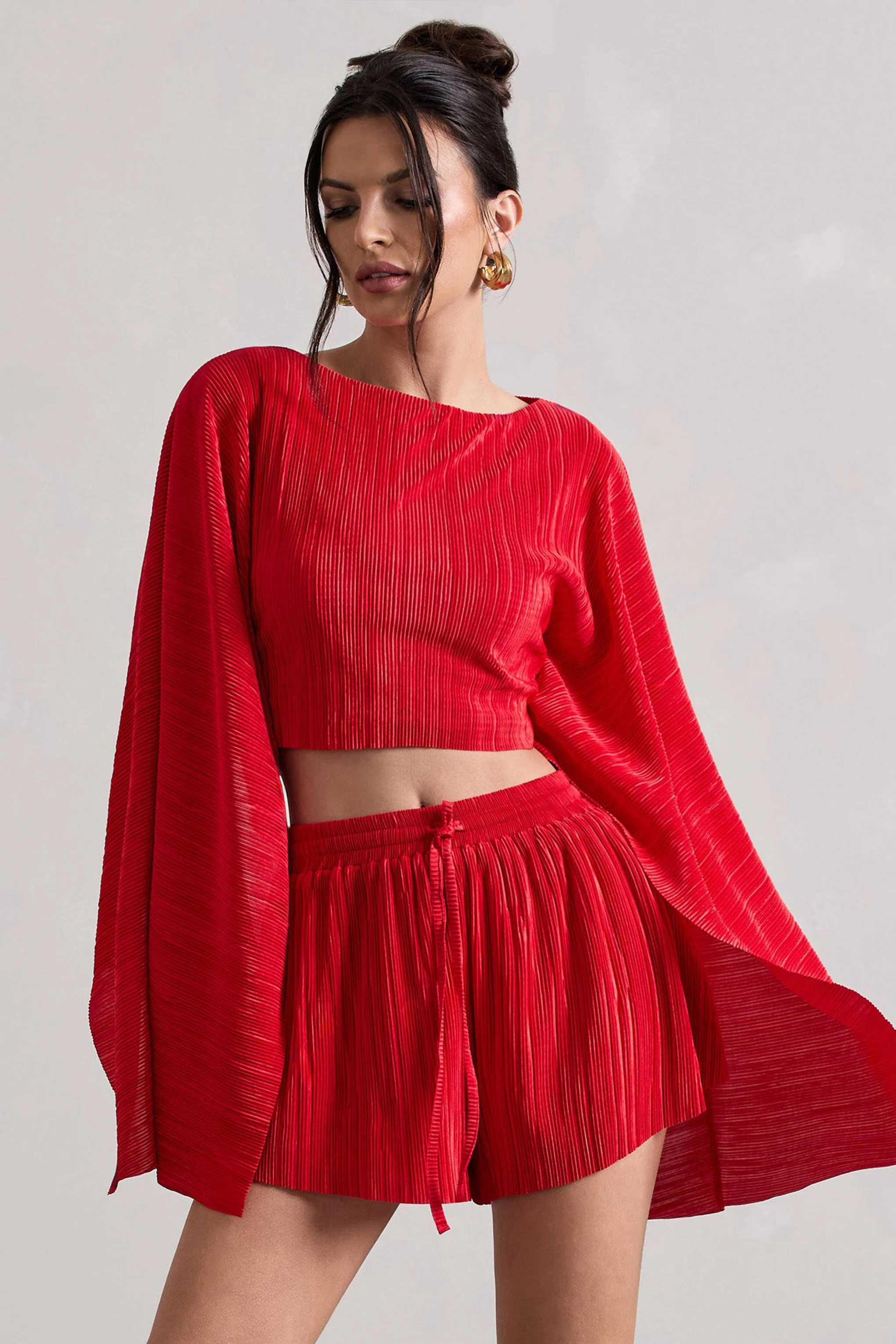 Flare | Red Plisse Cape Sleeve Crop Top - Image 5