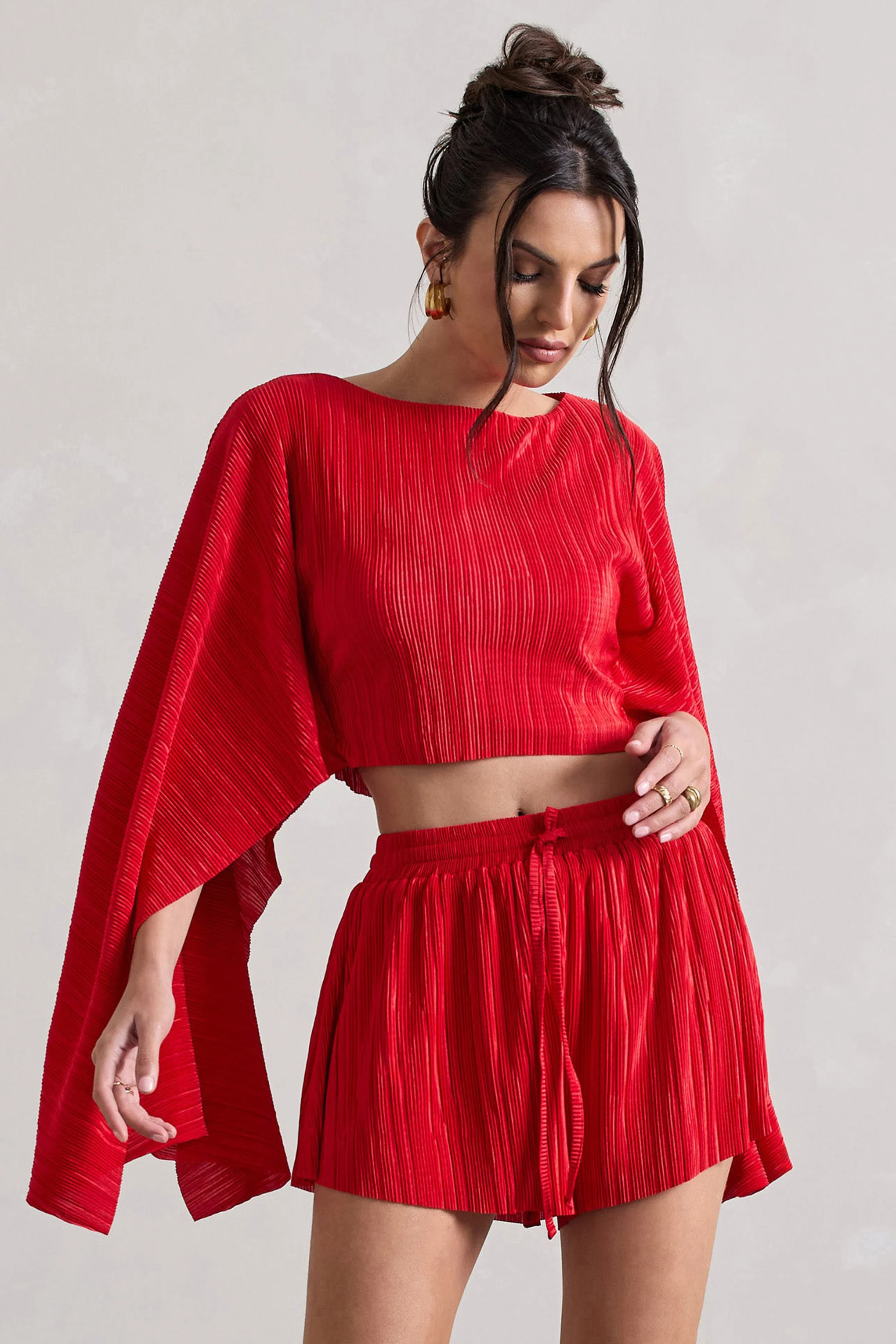 Flare | Red Plisse Cape Sleeve Crop Top - Image 6