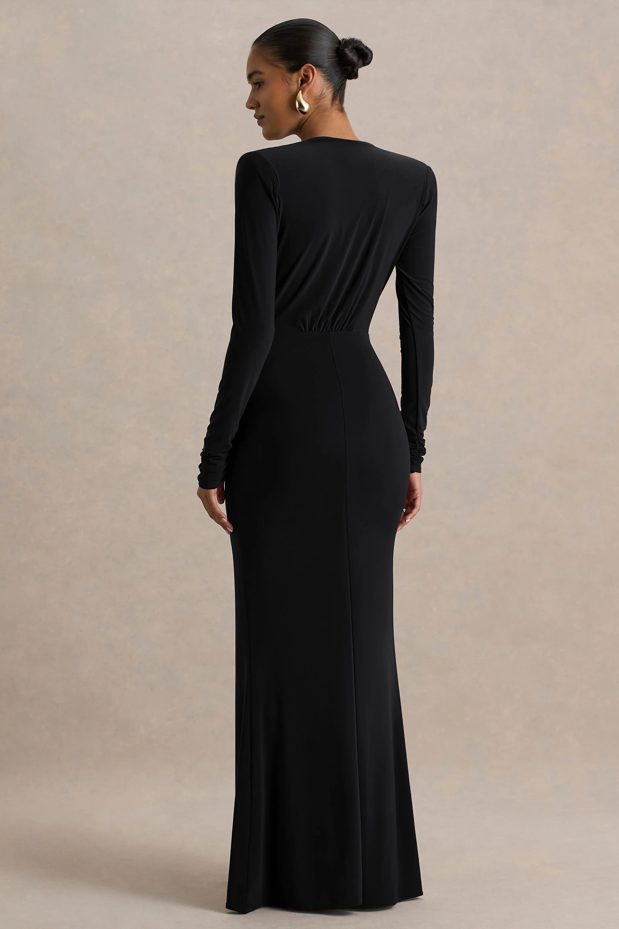 Flashy | Black Plunge-Neck Maxi Dress With Ruched Detailing - Image 2