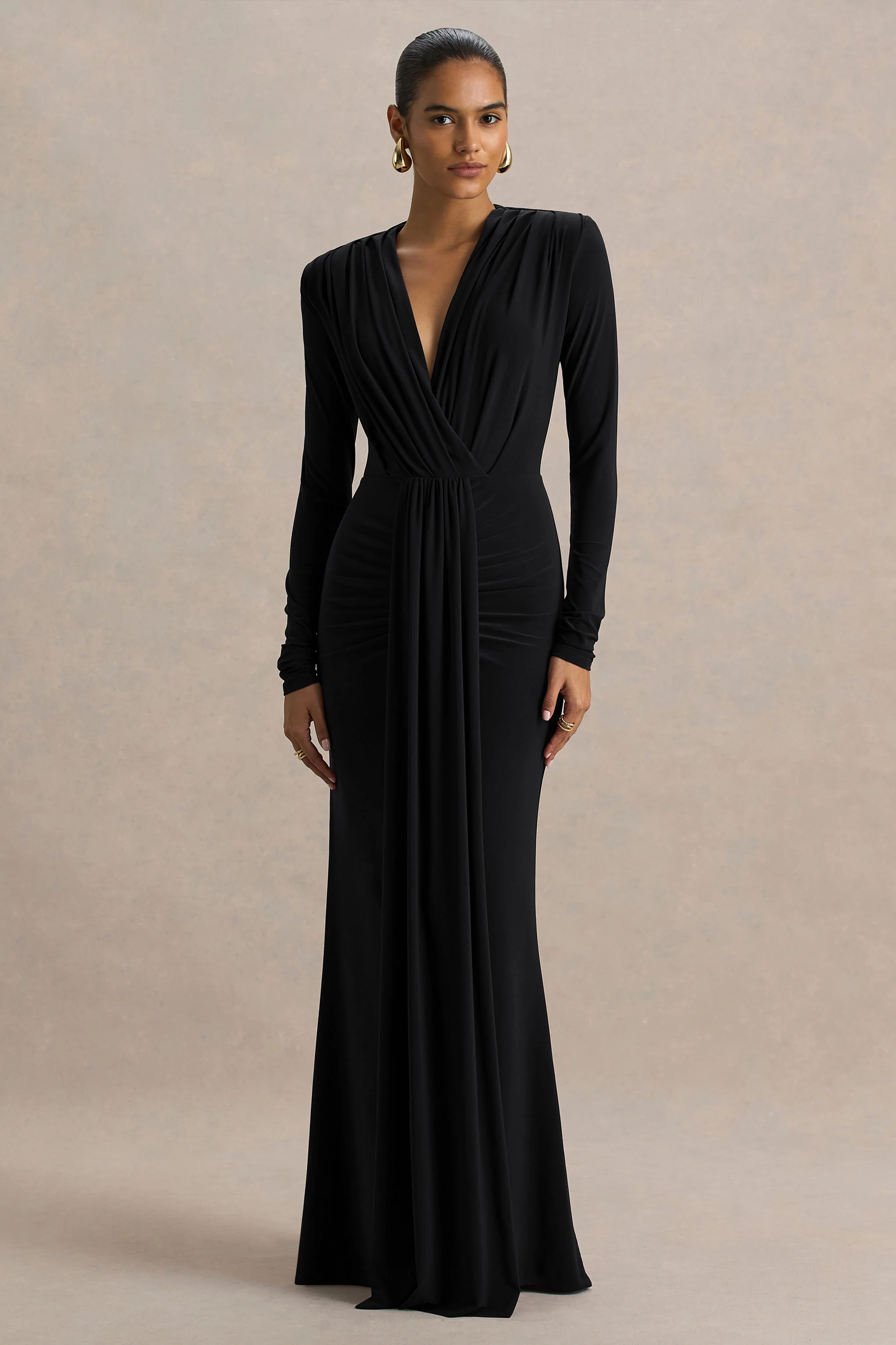 Flashy | Black Plunge-Neck Maxi Dress With Ruched Detailing - Image 4