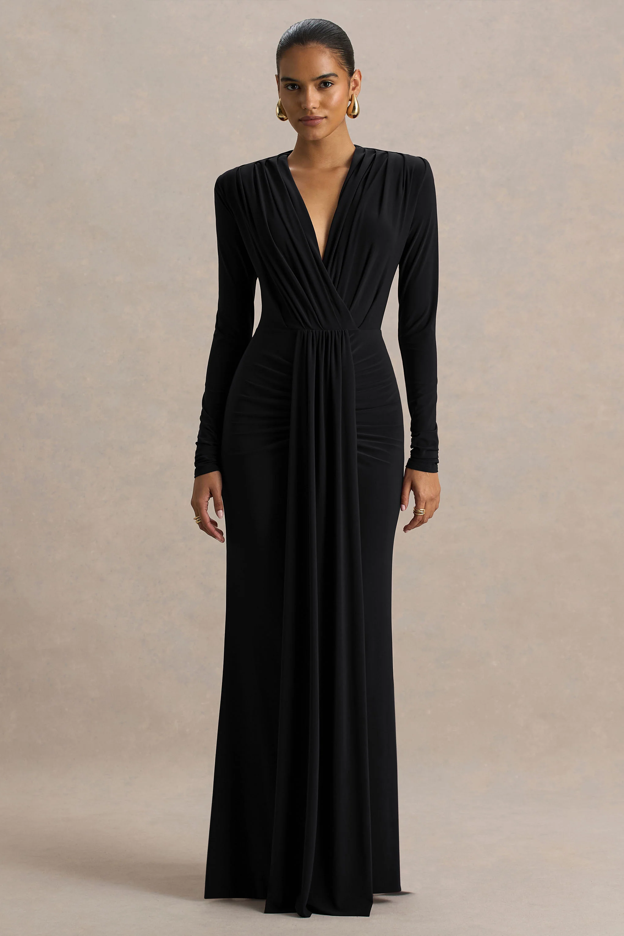 Flashy | Black Plunge-Neck Maxi Dress With Ruched Detailing - Image 5