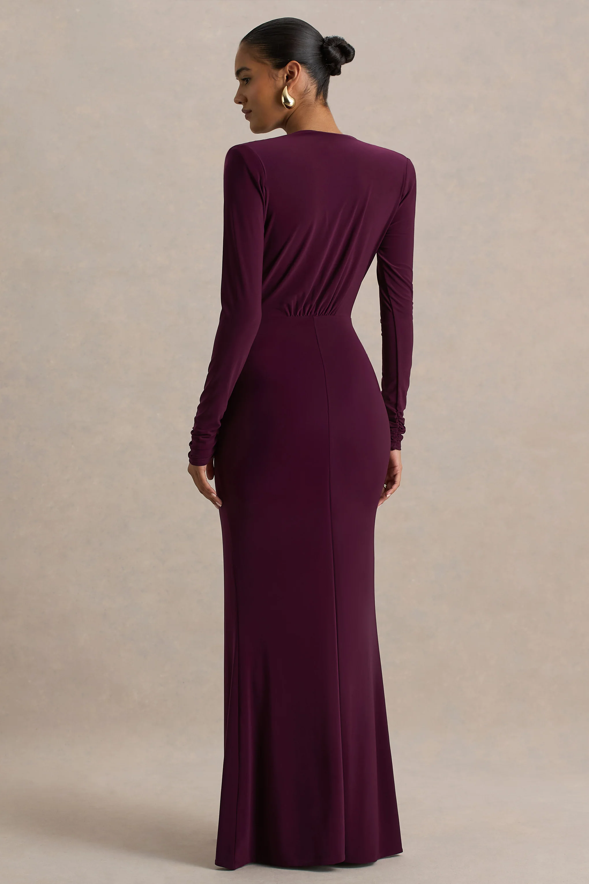 Flashy | Burgundy Plunge-Neck Maxi Dress With Ruched Detailing - Image 2
