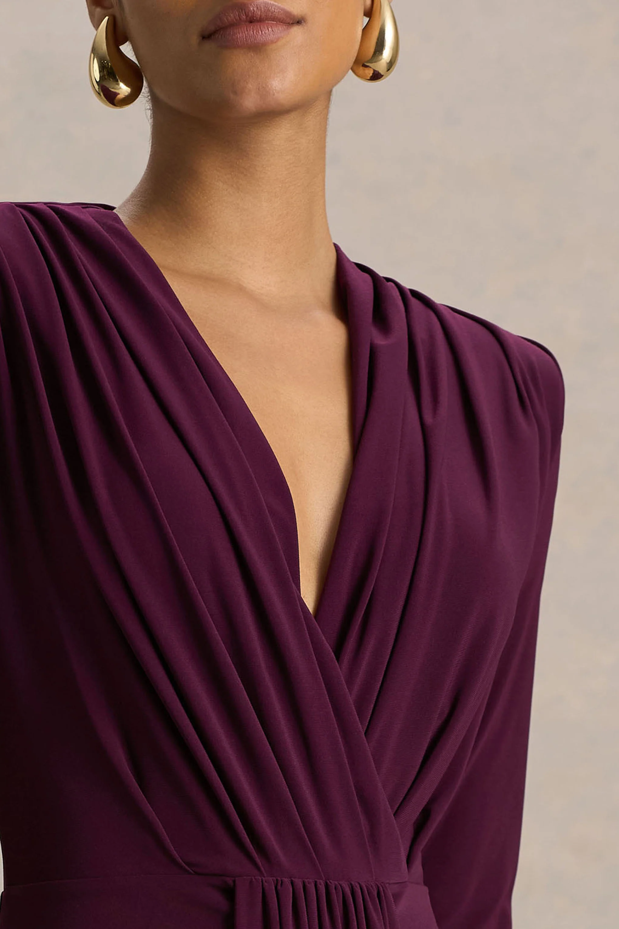 Flashy | Burgundy Plunge-Neck Maxi Dress With Ruched Detailing - Image 3