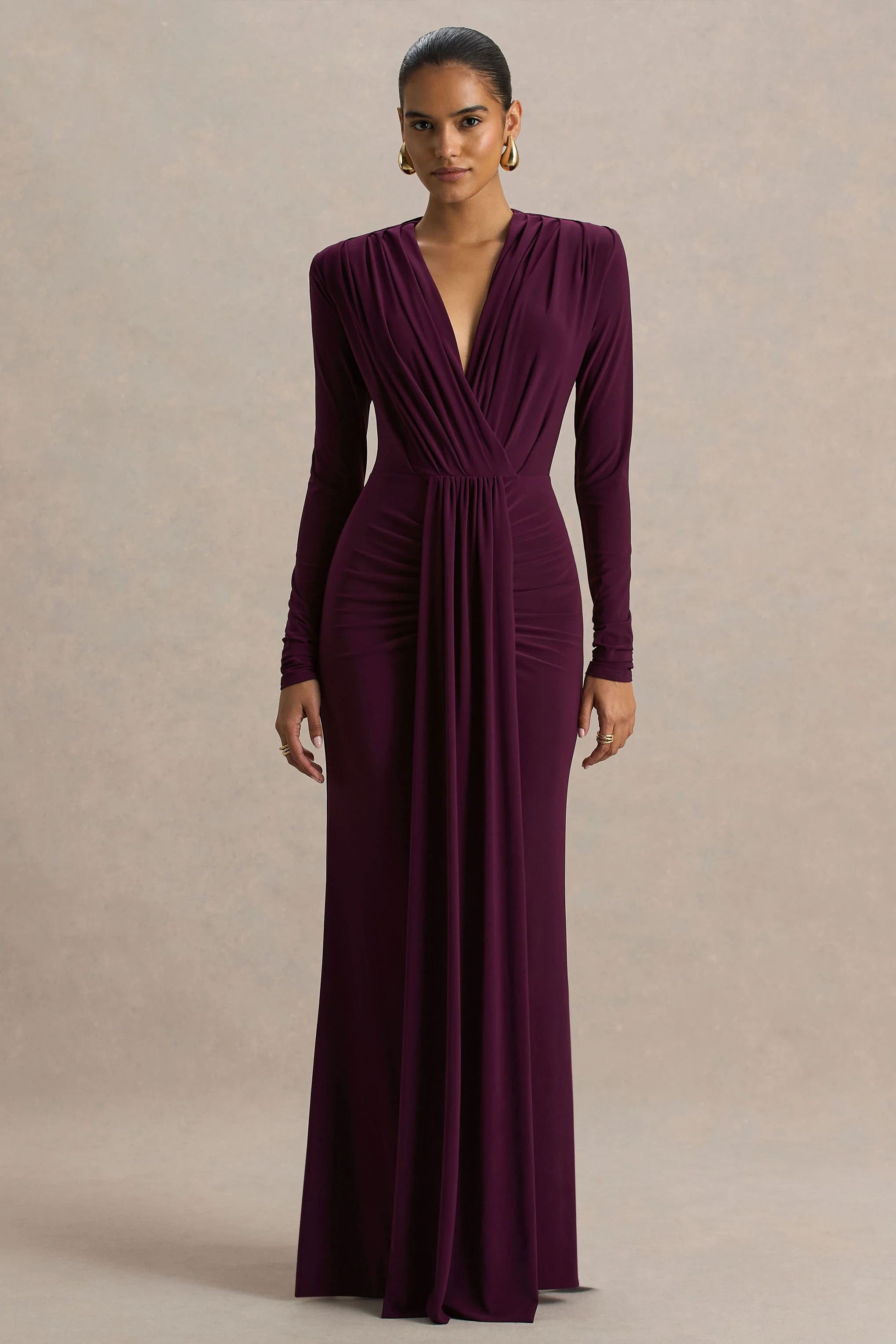 Flashy | Burgundy Plunge-Neck Maxi Dress With Ruched Detailing - Image 4