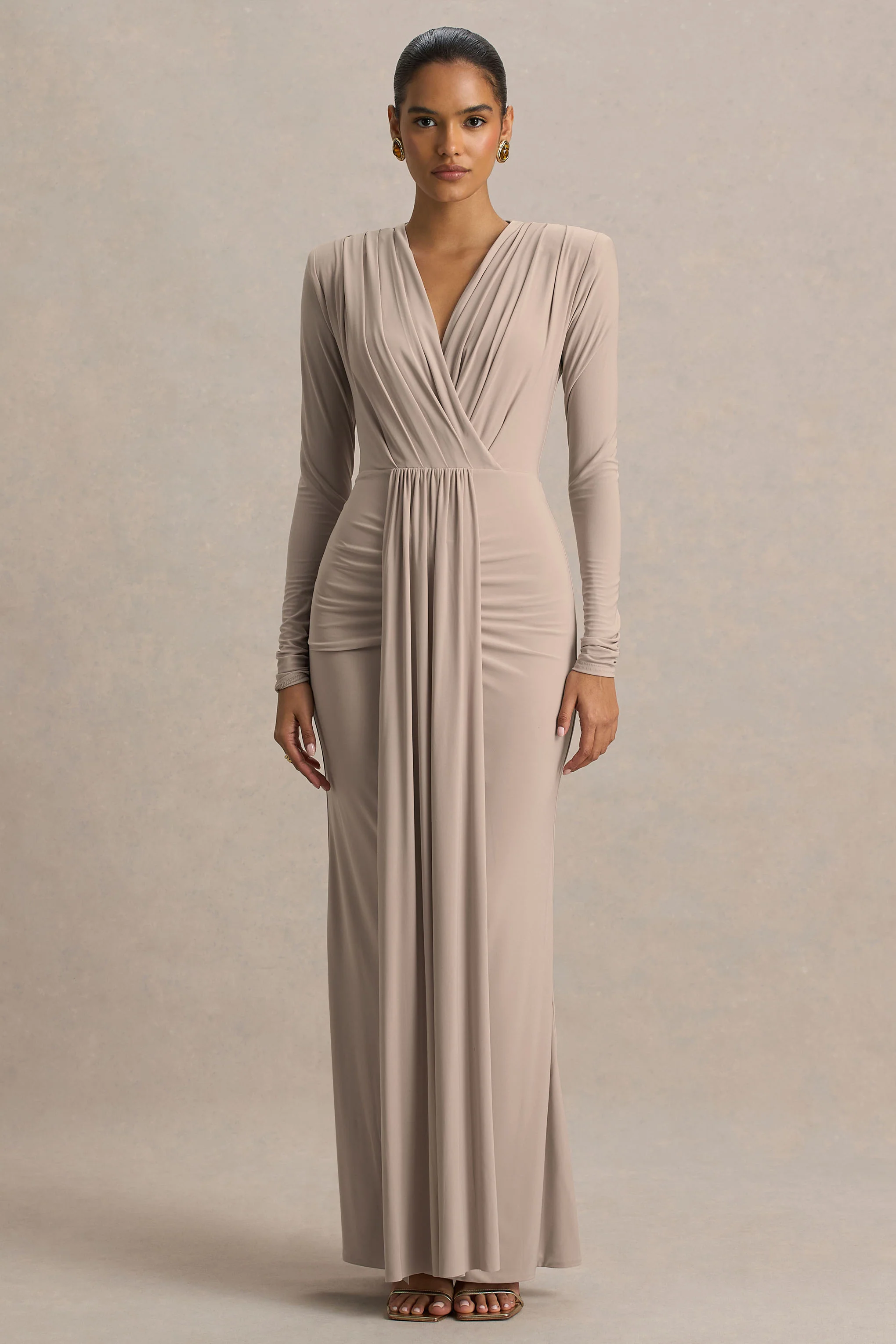 Flashy | Champagne Plunge-Neck Maxi Dress With Ruched Detailing - Image 3