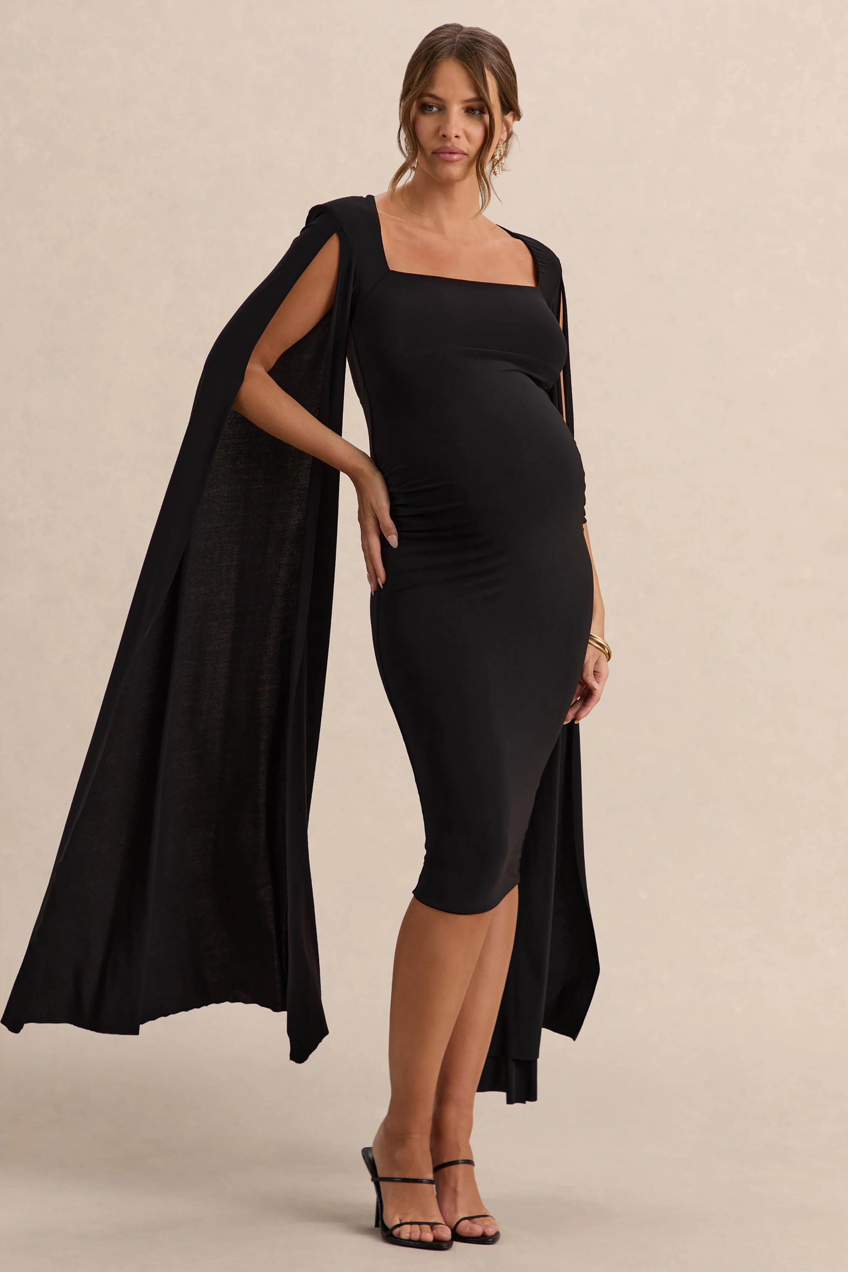 Flawless | Black Square-Neck Maternity Midi Dress With Cape-Sleeves - Image 4