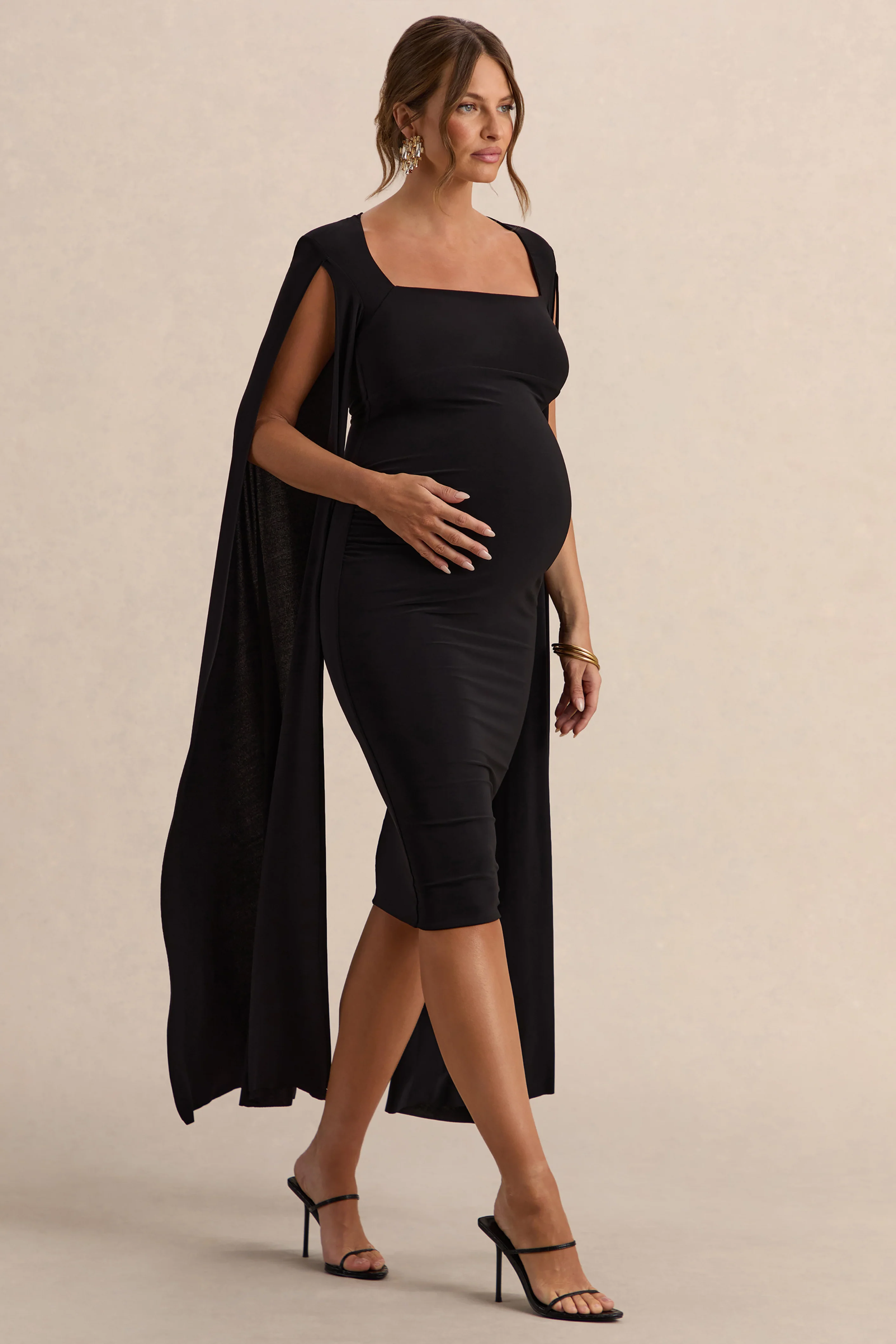 Flawless | Black Square-Neck Maternity Midi Dress With Cape-Sleeves - Image 6