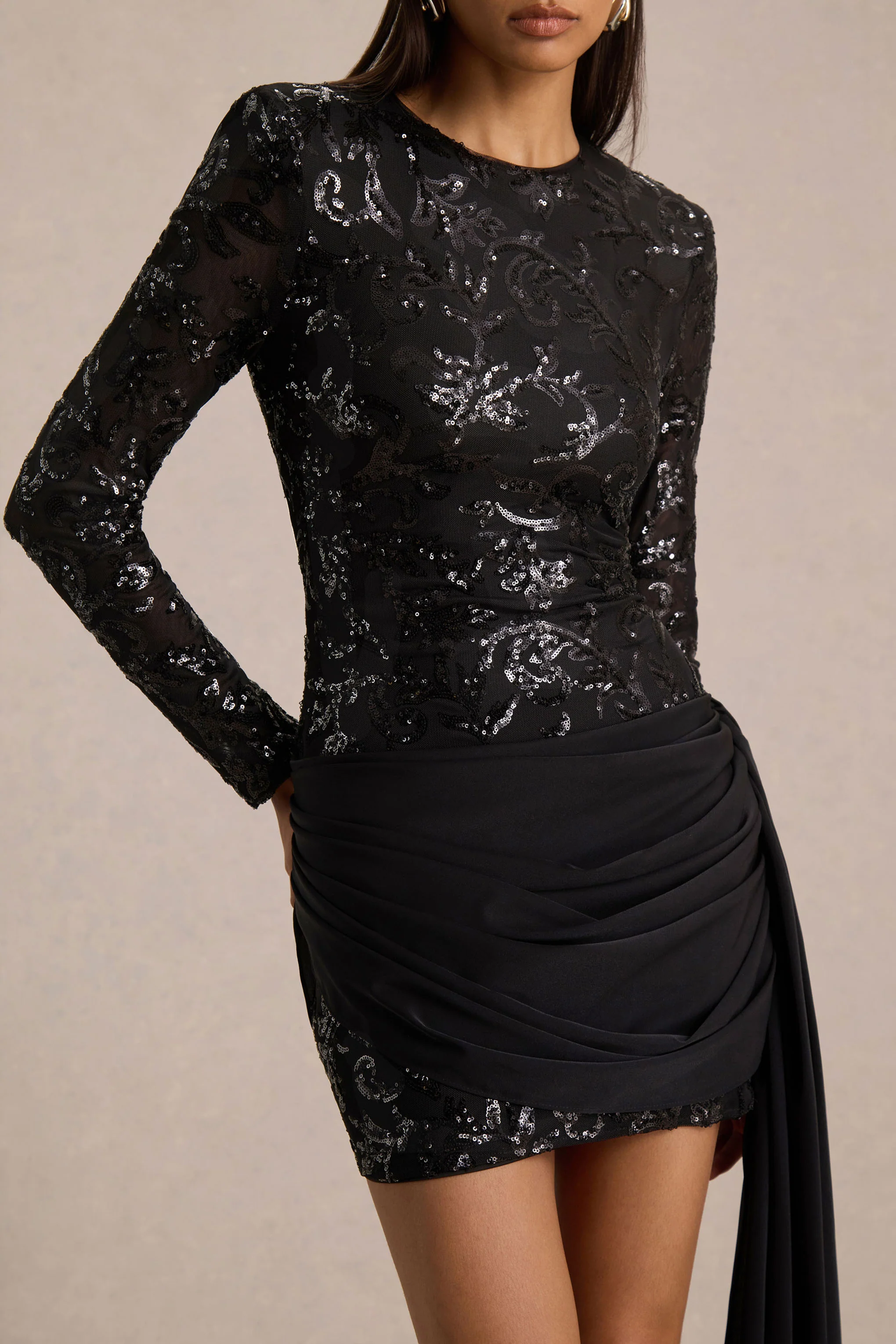 Florecita | Black Embellished Lace Crew-Neck Mini Dress With Sash Detail - Image 3