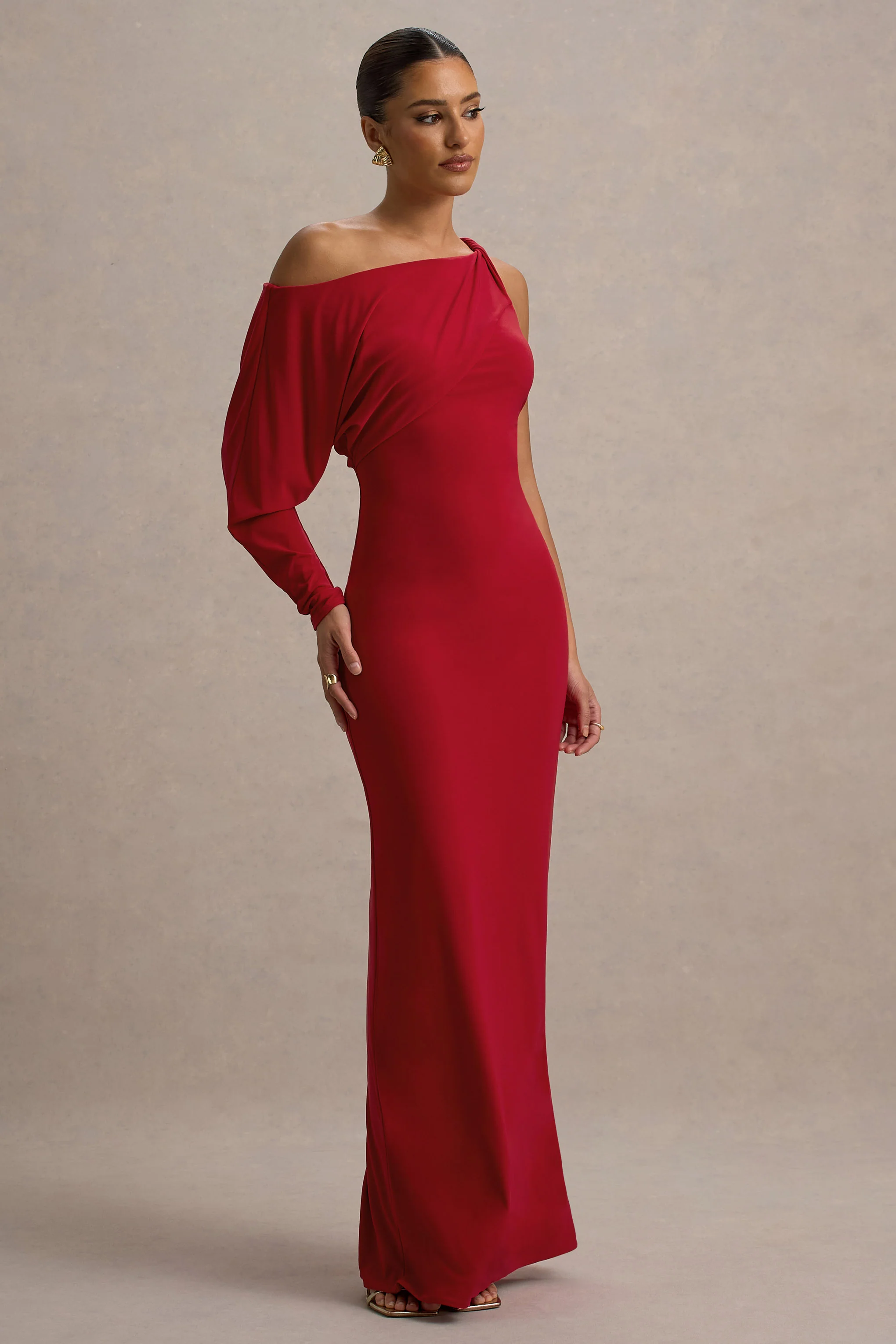 Floria | Red Draped One-Sleeve Maxi Dress - Image 4