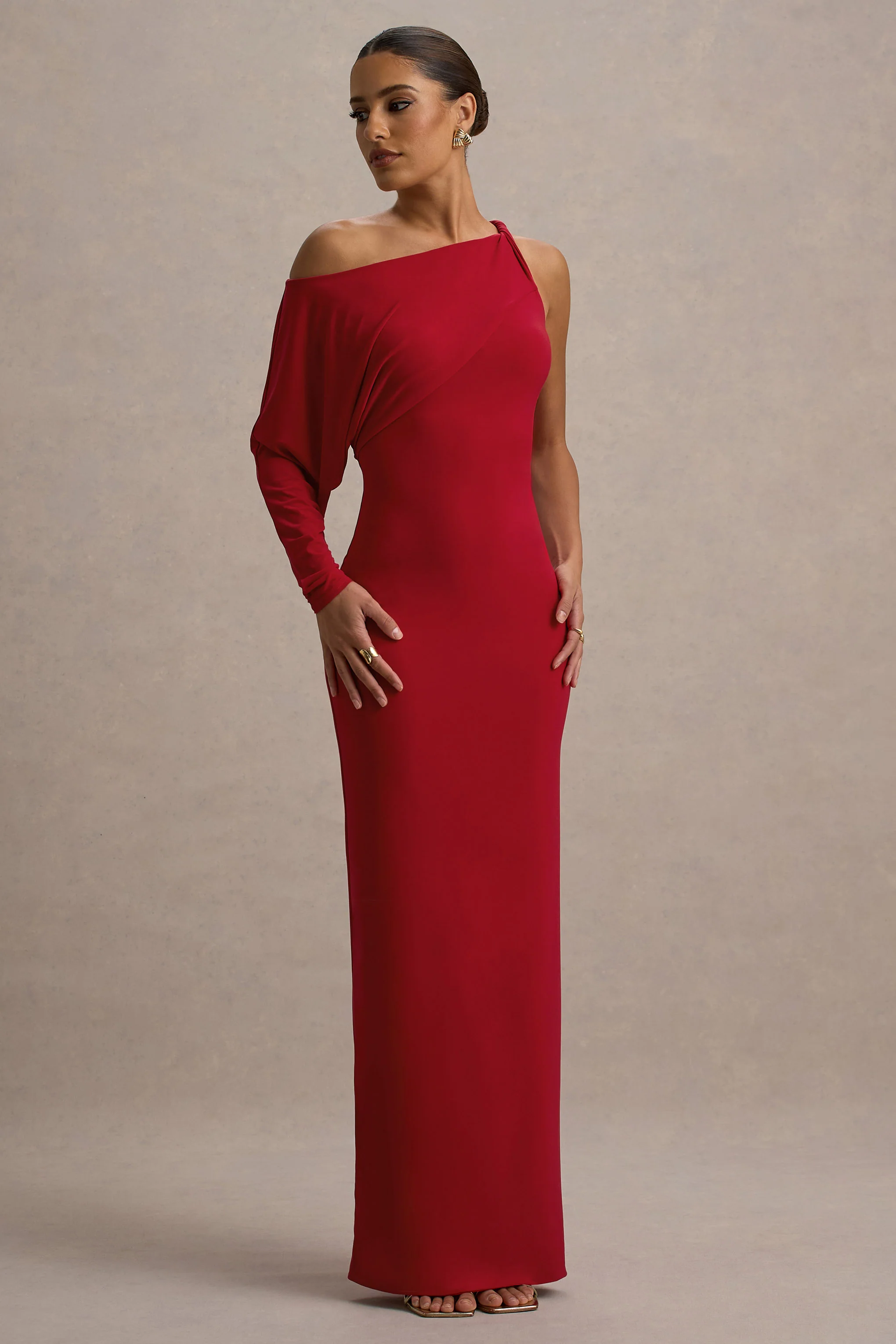 Floria | Red Draped One-Sleeve Maxi Dress - Image 5