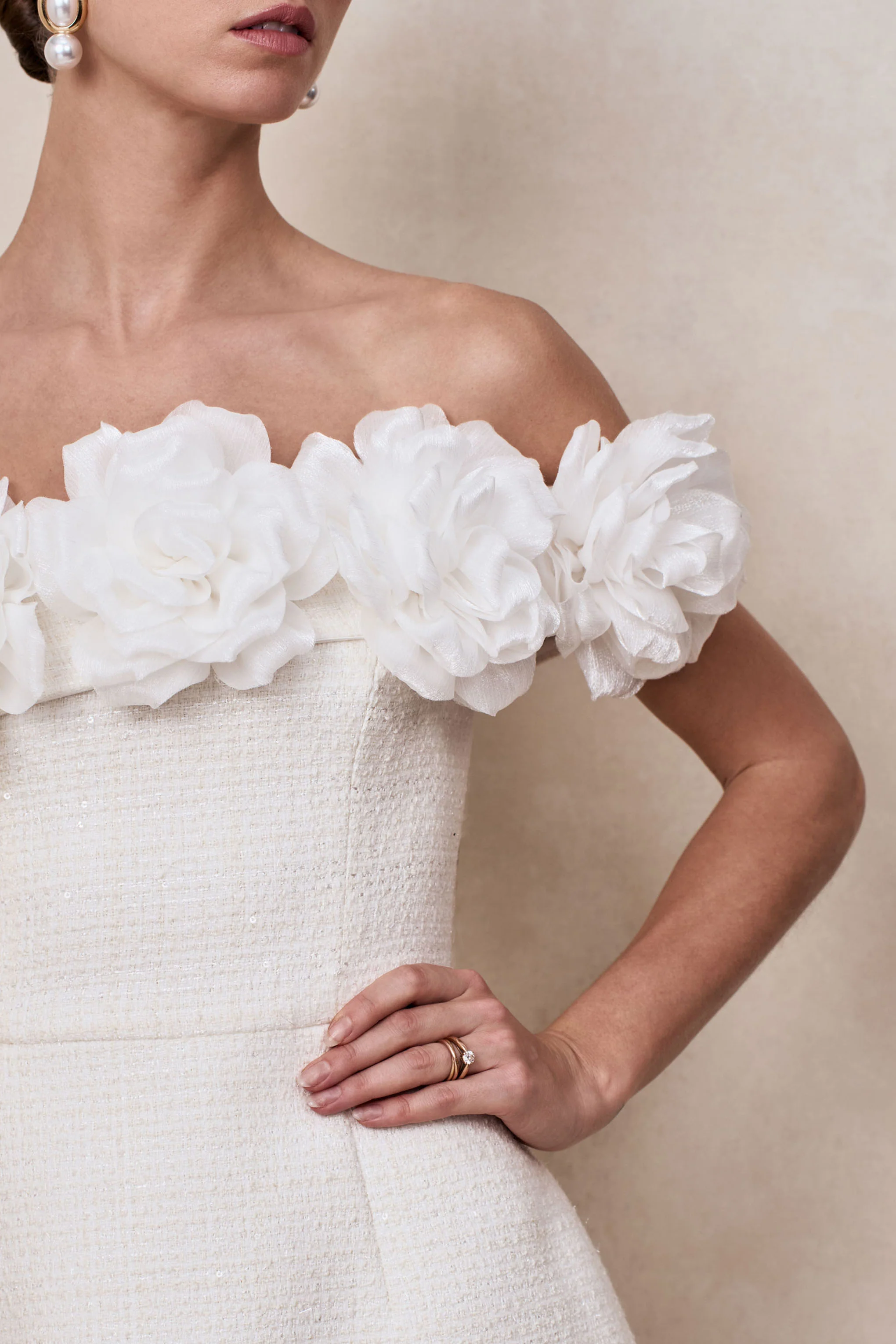 Florinda | White Boucle Floral-Bardot Neck Mini Dress - Image 4