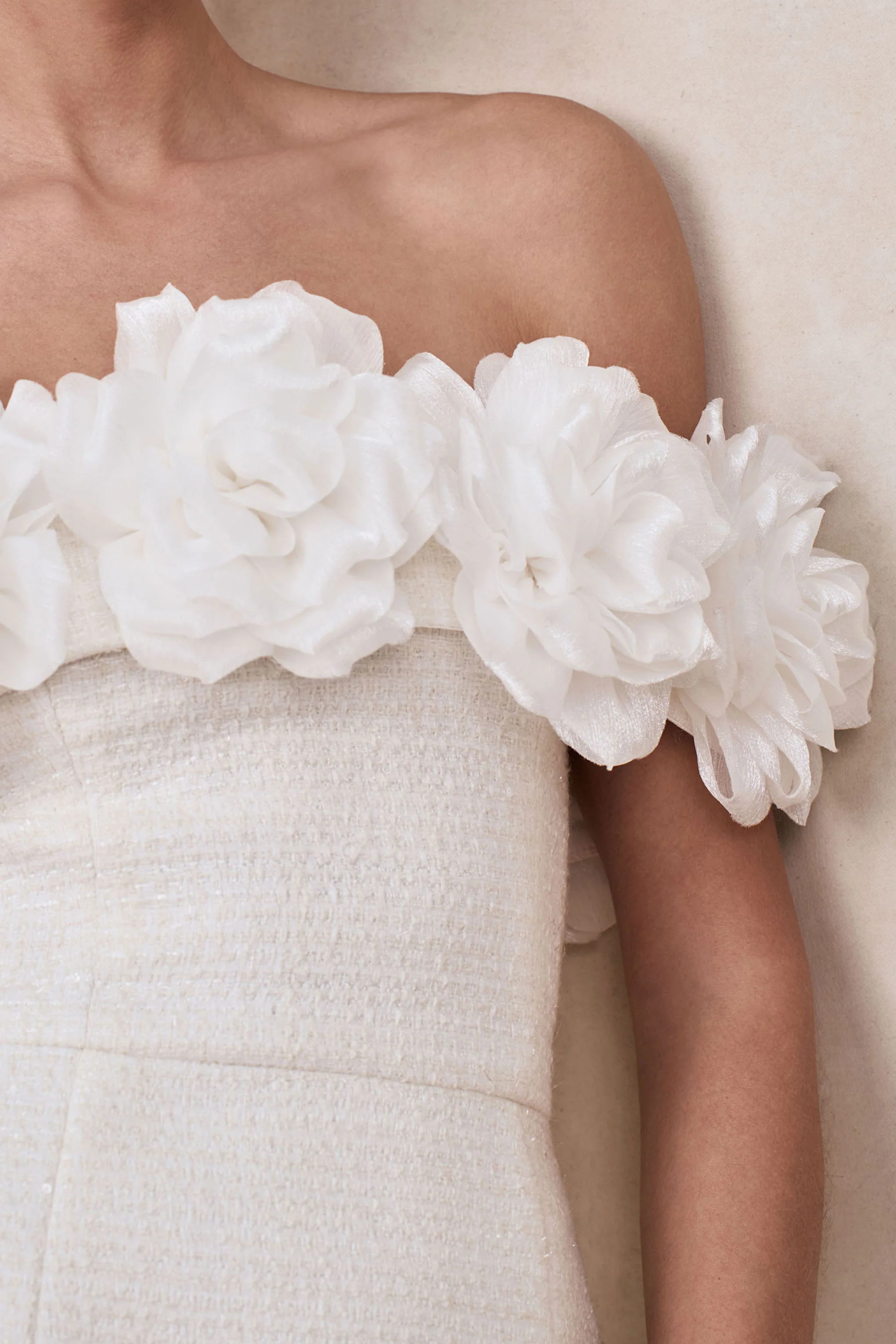 Florinda | White Boucle Floral-Bardot Neck Mini Dress - Image 7