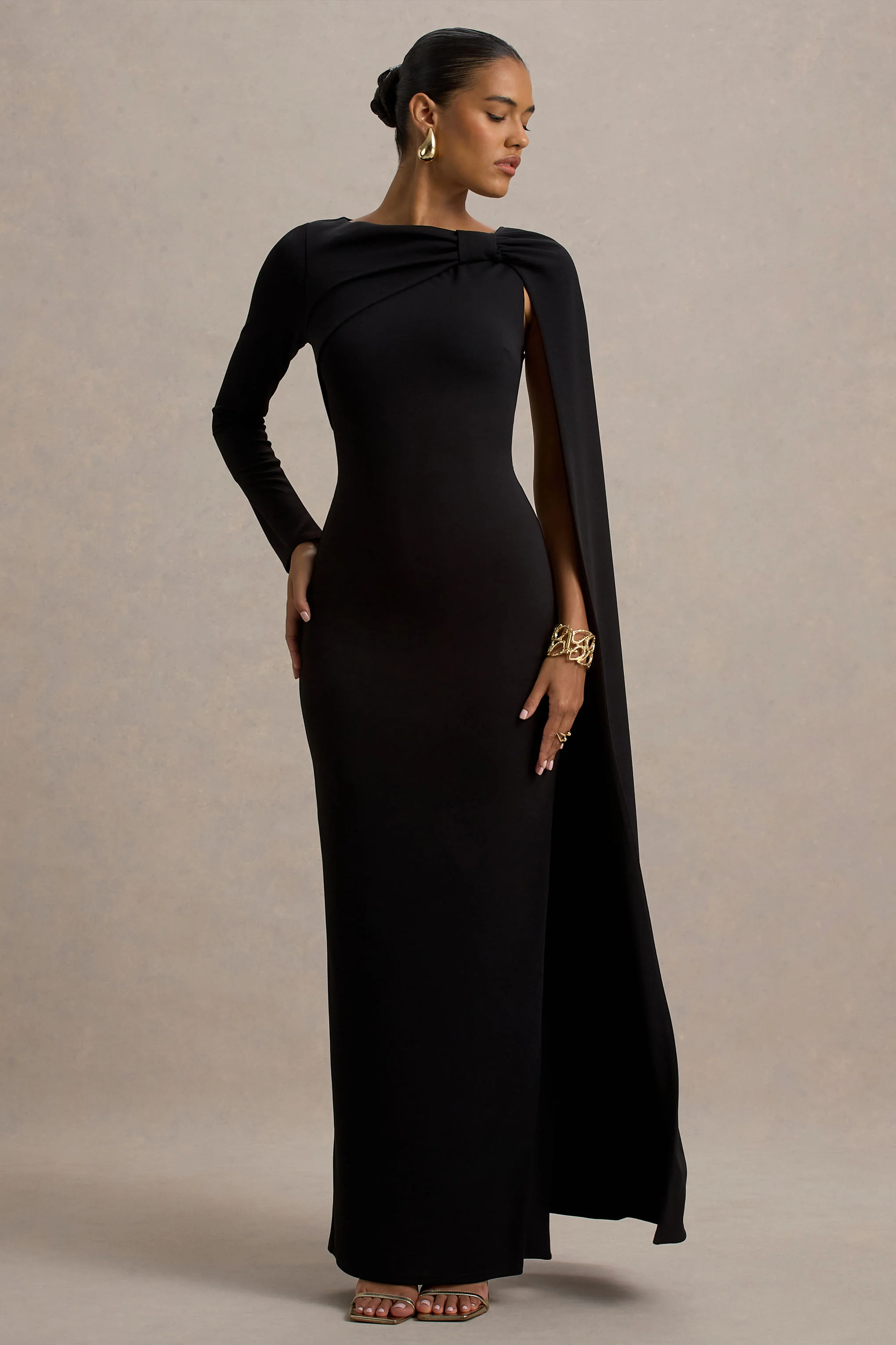 Frances | Black High-Neck Maxi Dress With Cape Detail - Image 4