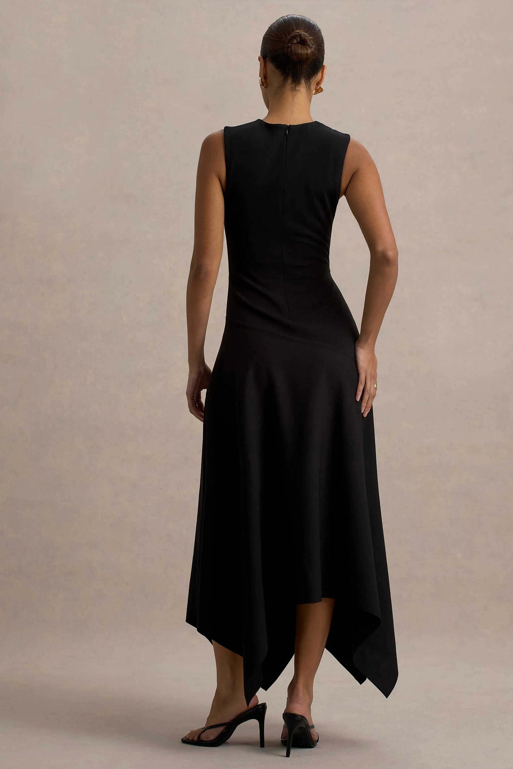 Francesca | Black Knotted Midi Dress With Handkerchief Hem - Image 2
