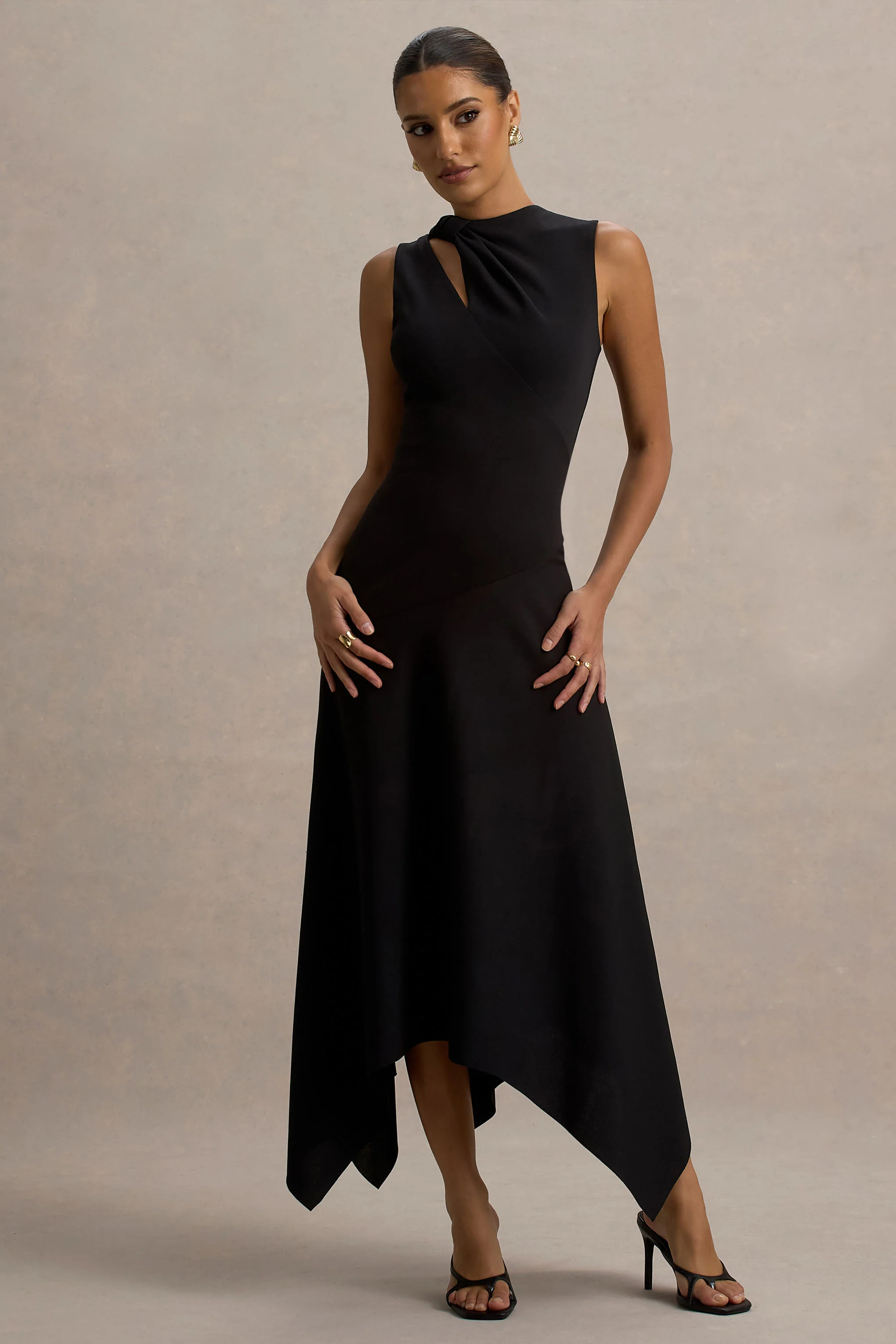 Francesca | Black Knotted Midi Dress With Handkerchief Hem - Image 5