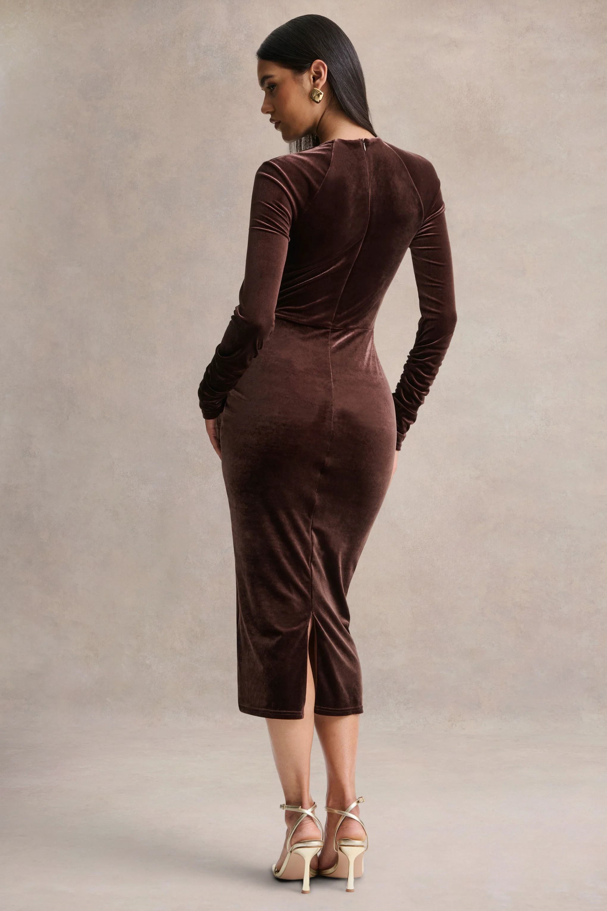 Francine | Brown Velvet Round-Neck Midi Dress With Cut-Out Details - Image 2