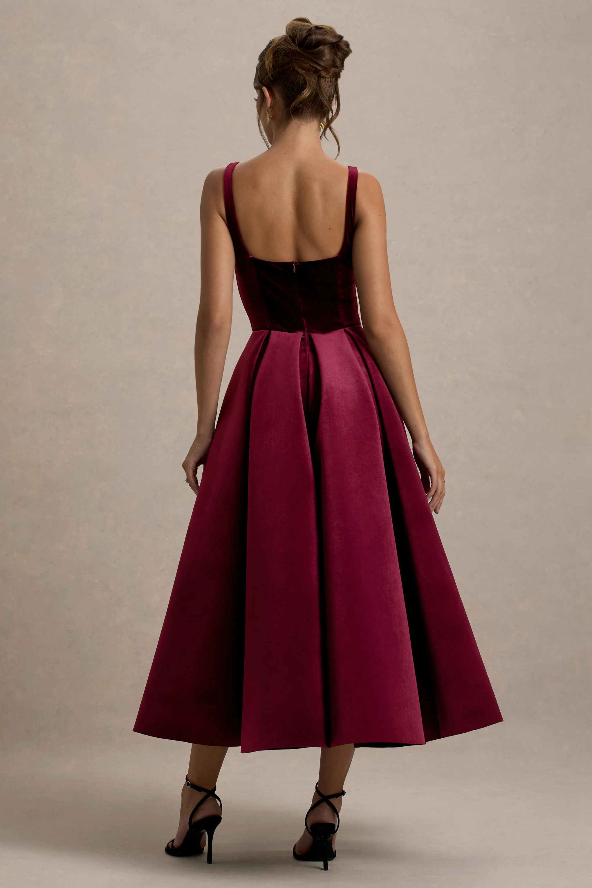 Francisca | Berry Velvet Strappy Volume-Hem Midi Dress - Image 2