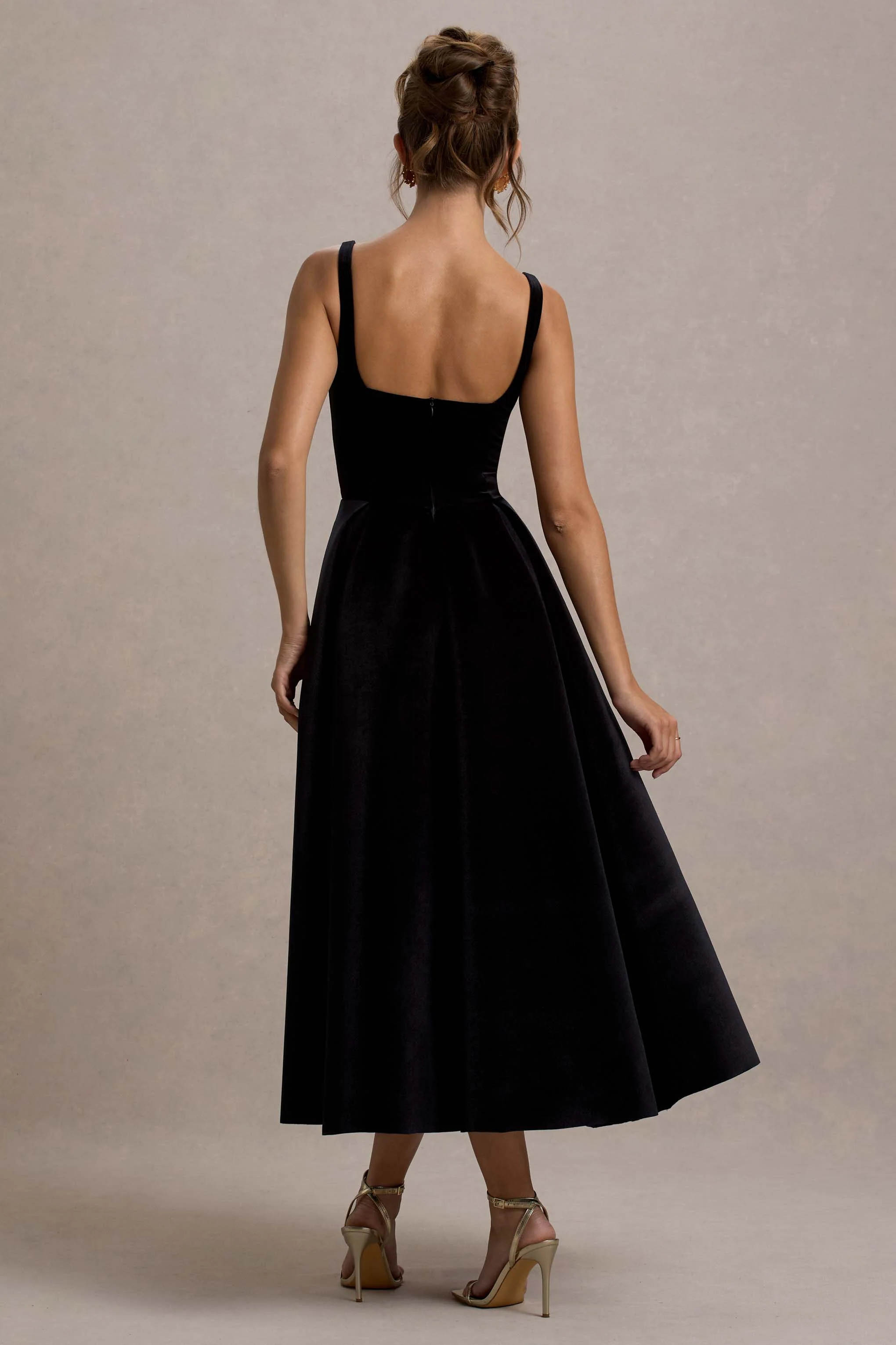 Francisca | Black Velvet Strappy Volume-Hem Midi Dress - Image 2