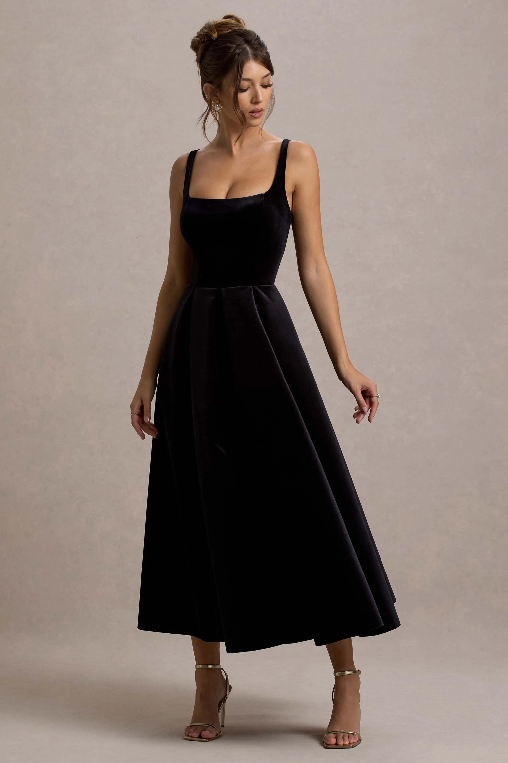 Francisca | Black Velvet Strappy Volume-Hem Midi Dress - Image 4