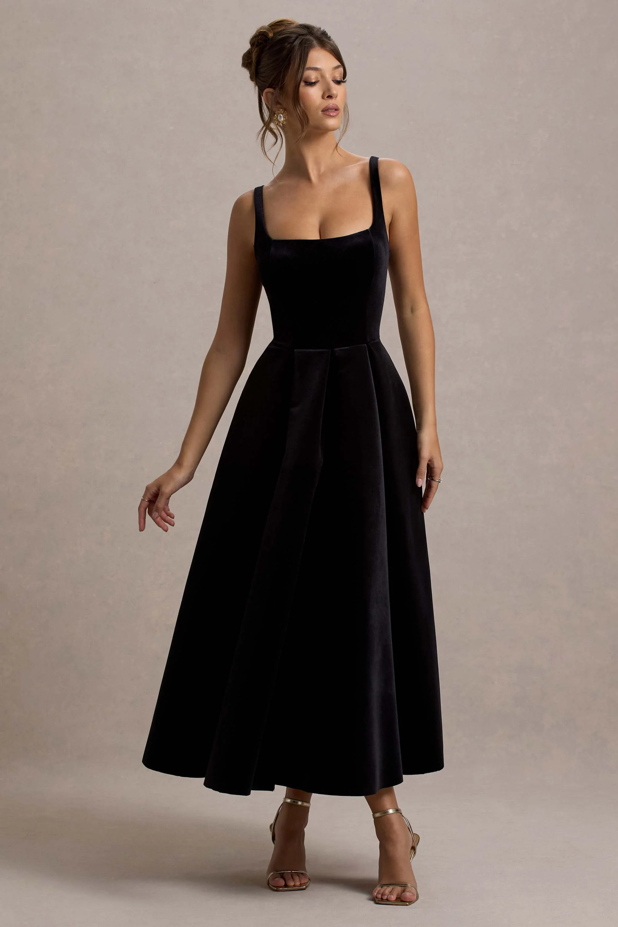 Francisca | Black Velvet Strappy Volume-Hem Midi Dress - Image 5