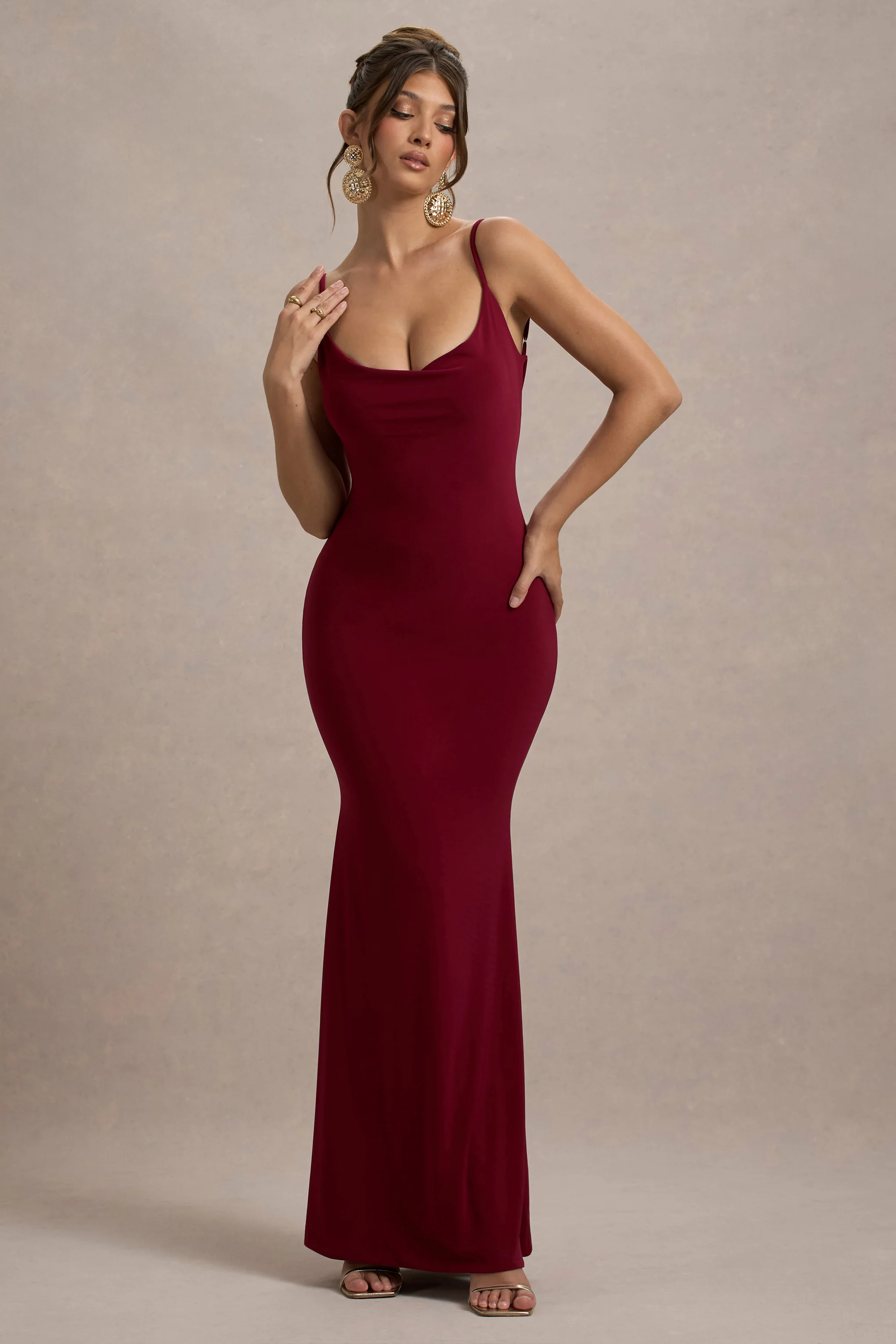 Francoise | Berry Cowl Neck Backless Maxi Dress With Lace Insert - Image 7
