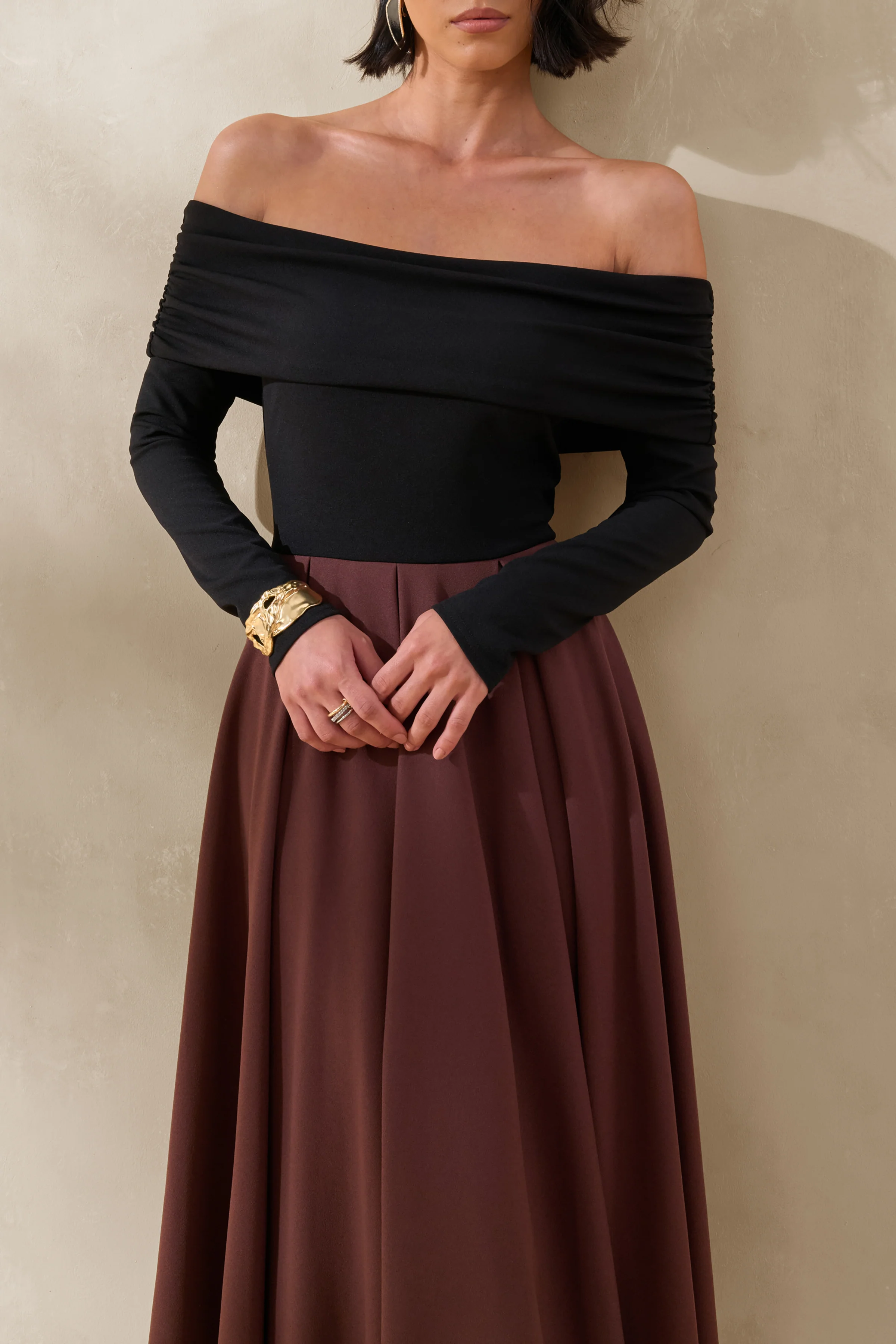 Frederica | Black And Brown Bardot-Neck Midi Dress - Image 3