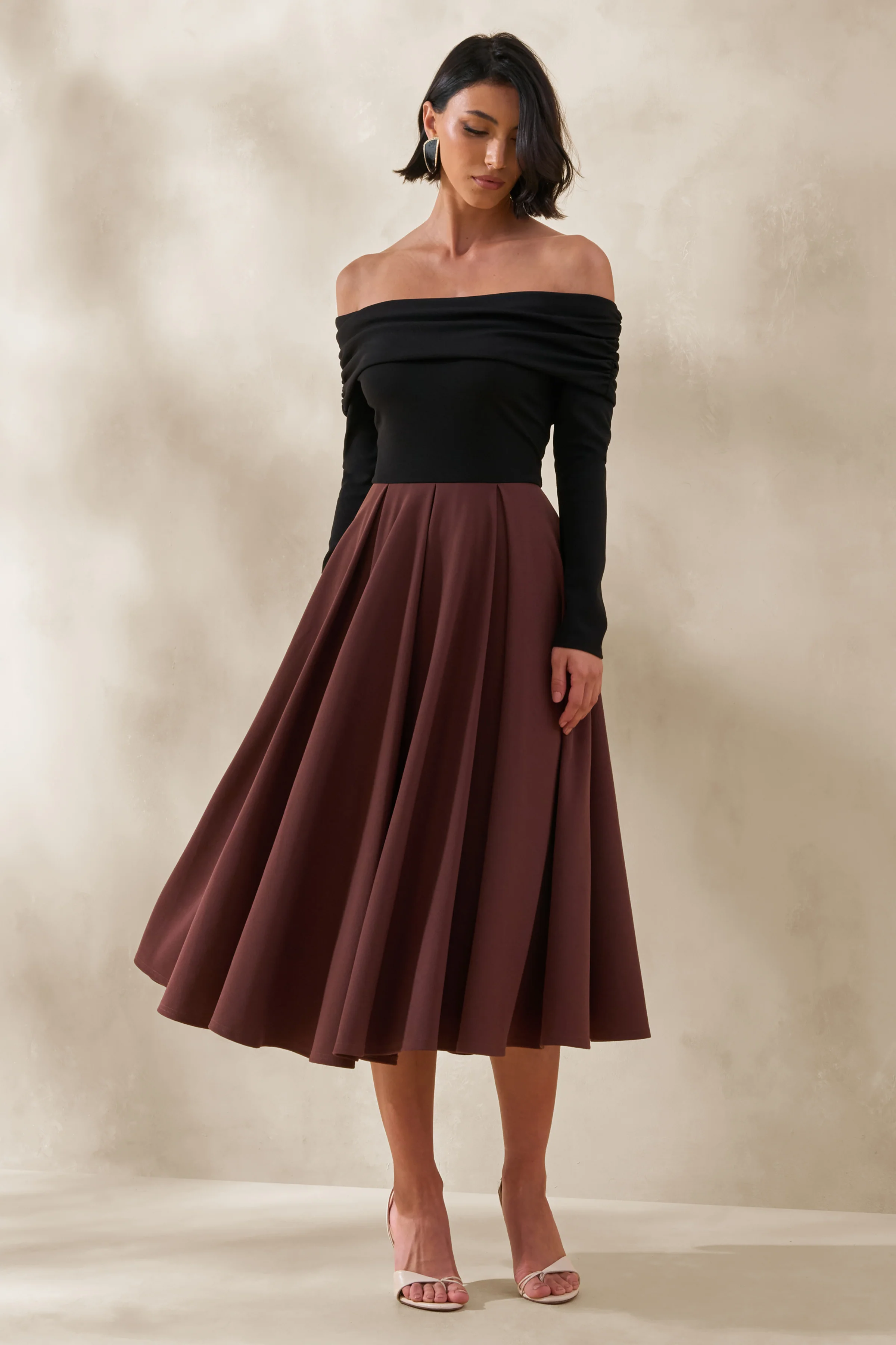 Frederica | Black And Brown Bardot-Neck Midi Dress - Image 4