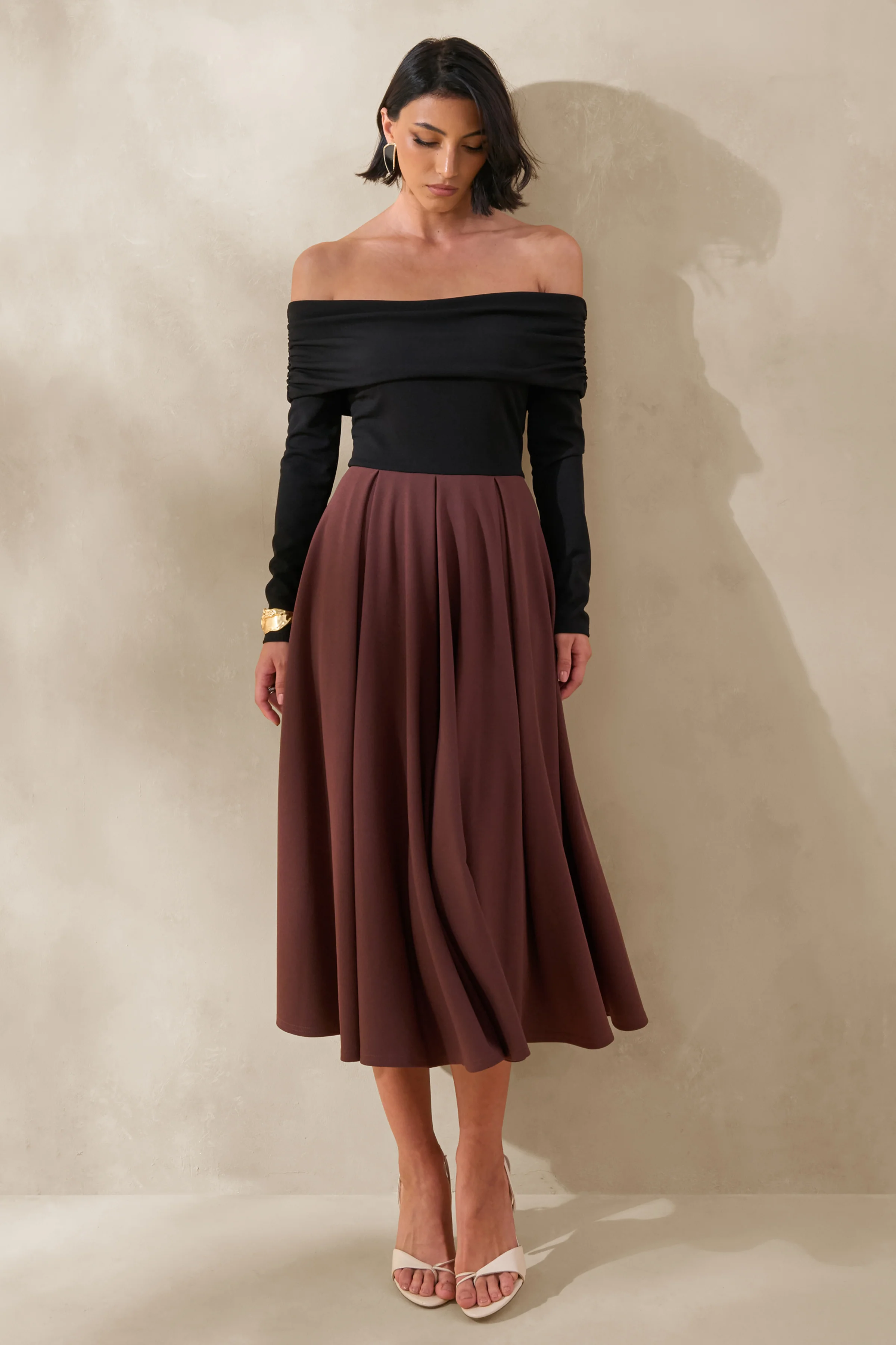 Frederica | Black And Brown Bardot-Neck Midi Dress - Image 5