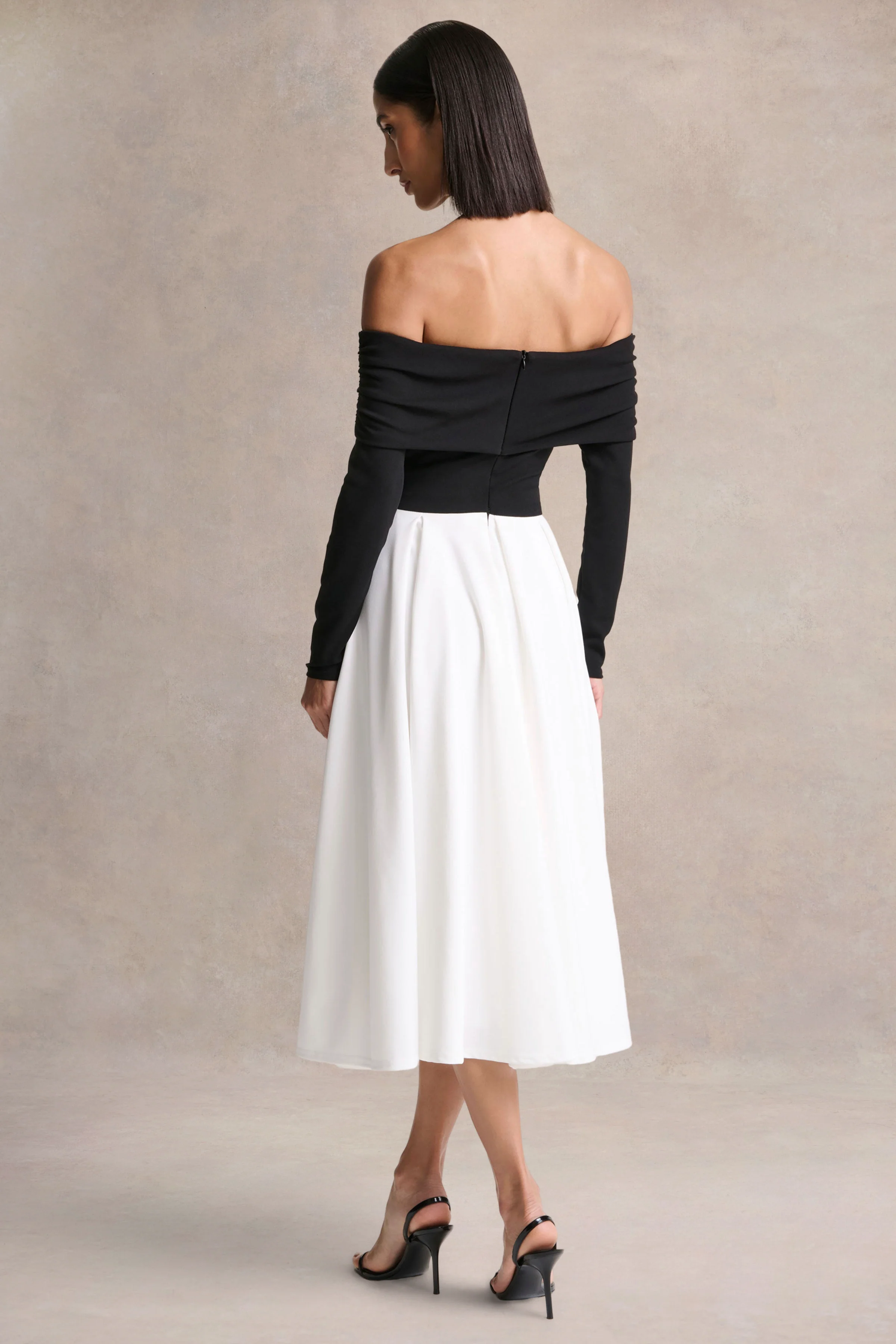 Frederica | Black And White Bardot-Neck Midi Dress - Image 2