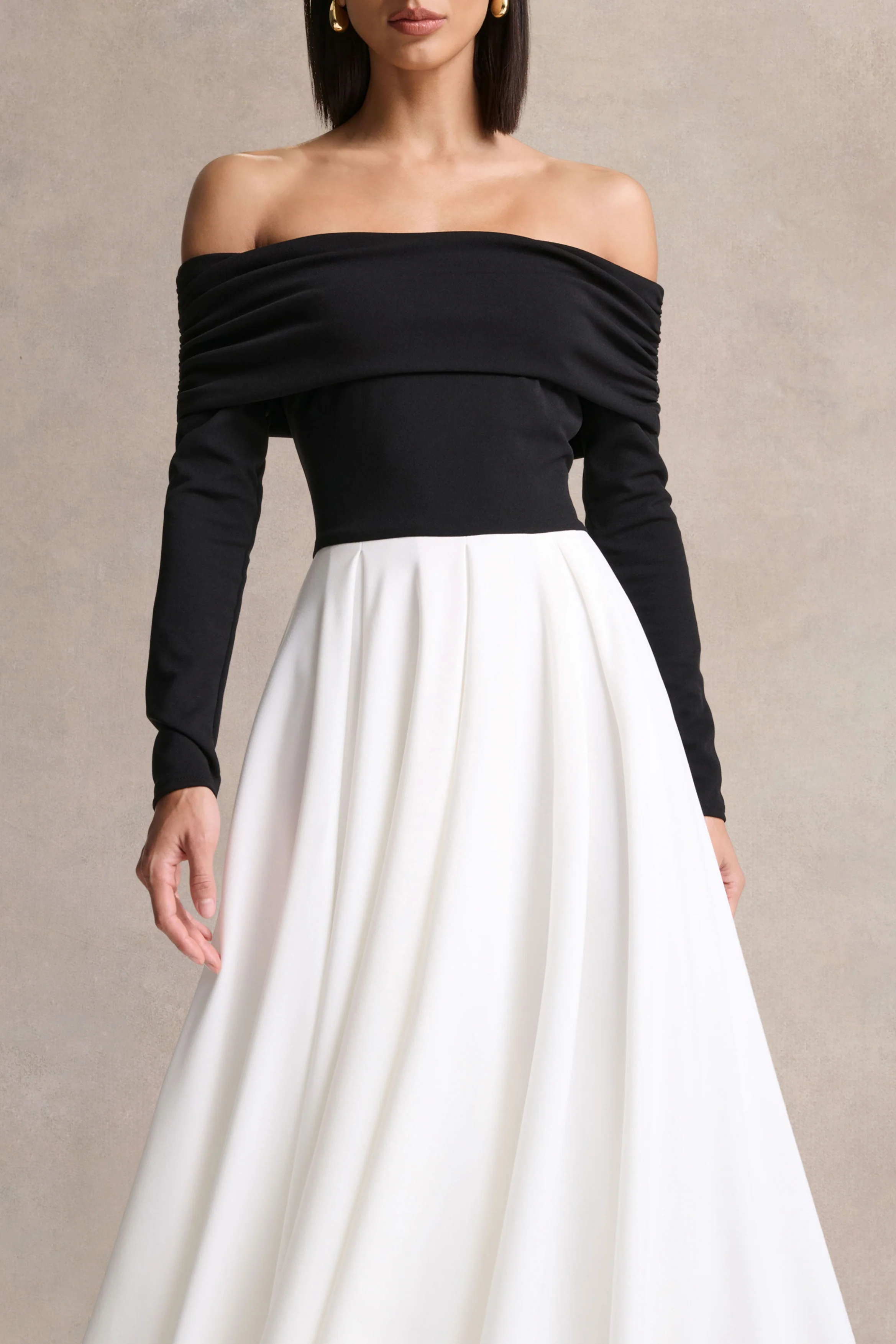 Frederica | Black And White Bardot-Neck Midi Dress - Image 3
