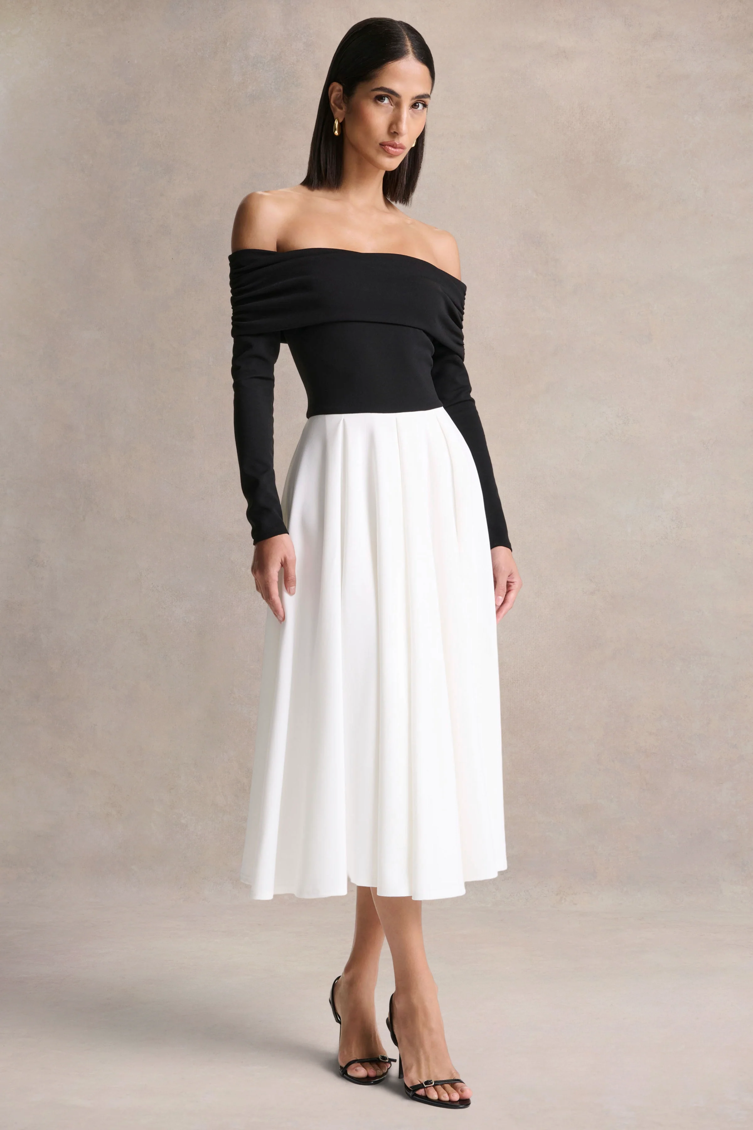Frederica | Black And White Bardot-Neck Midi Dress - Image 4