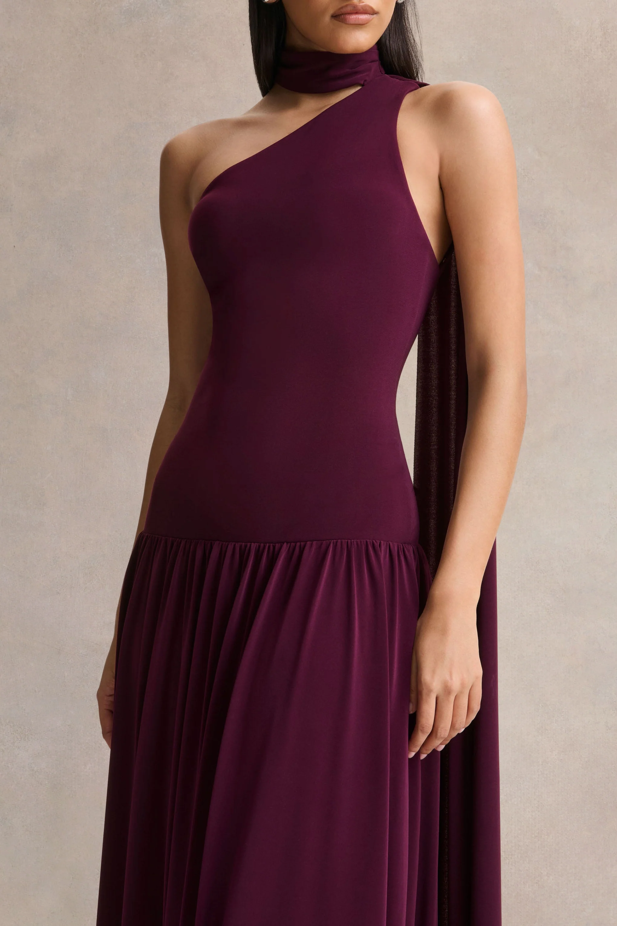 Freesia | Plum Asymmetric-Neck Maxi Dress With Scarf-Detail - Image 3