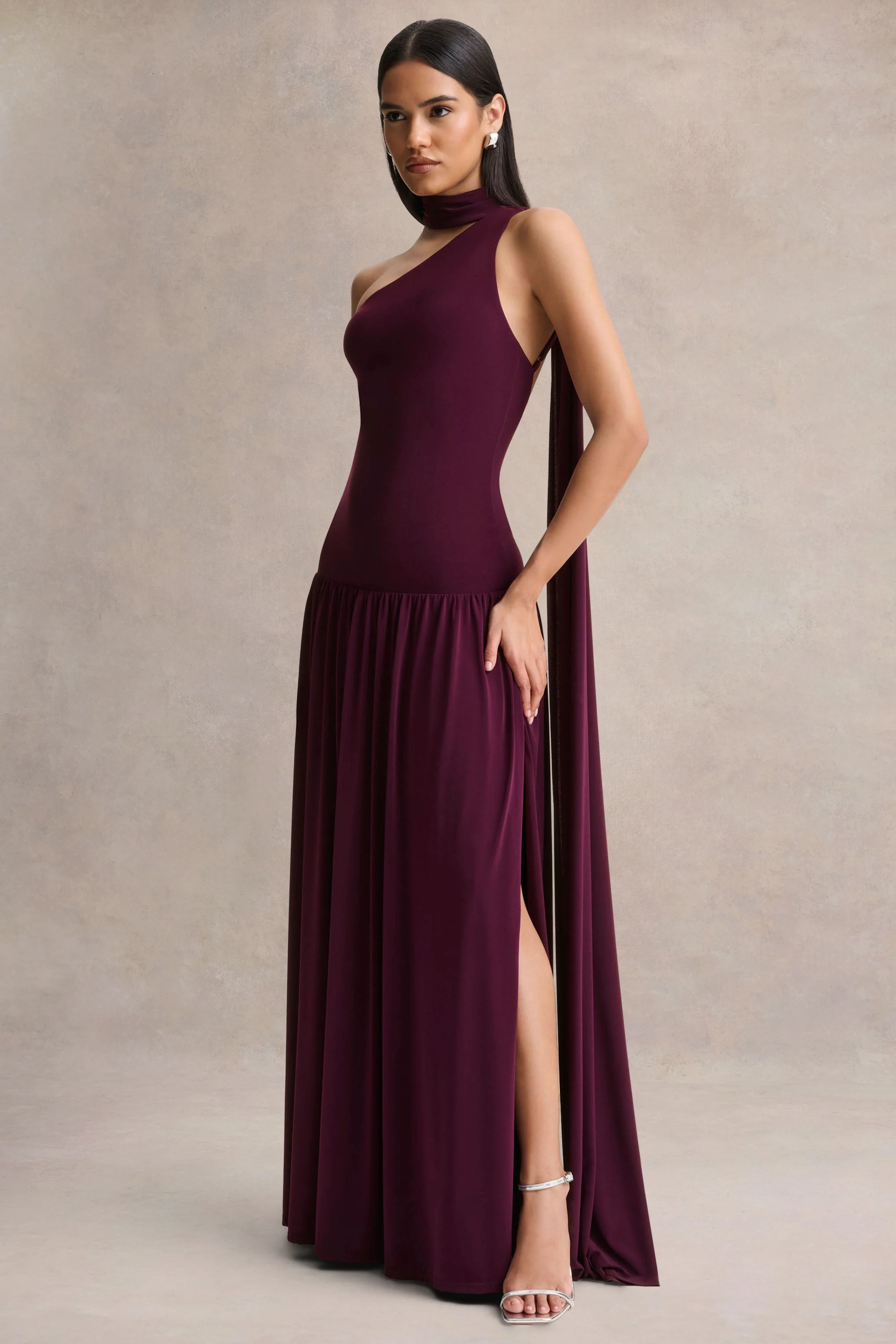 Freesia | Plum Asymmetric-Neck Maxi Dress With Scarf-Detail - Image 4
