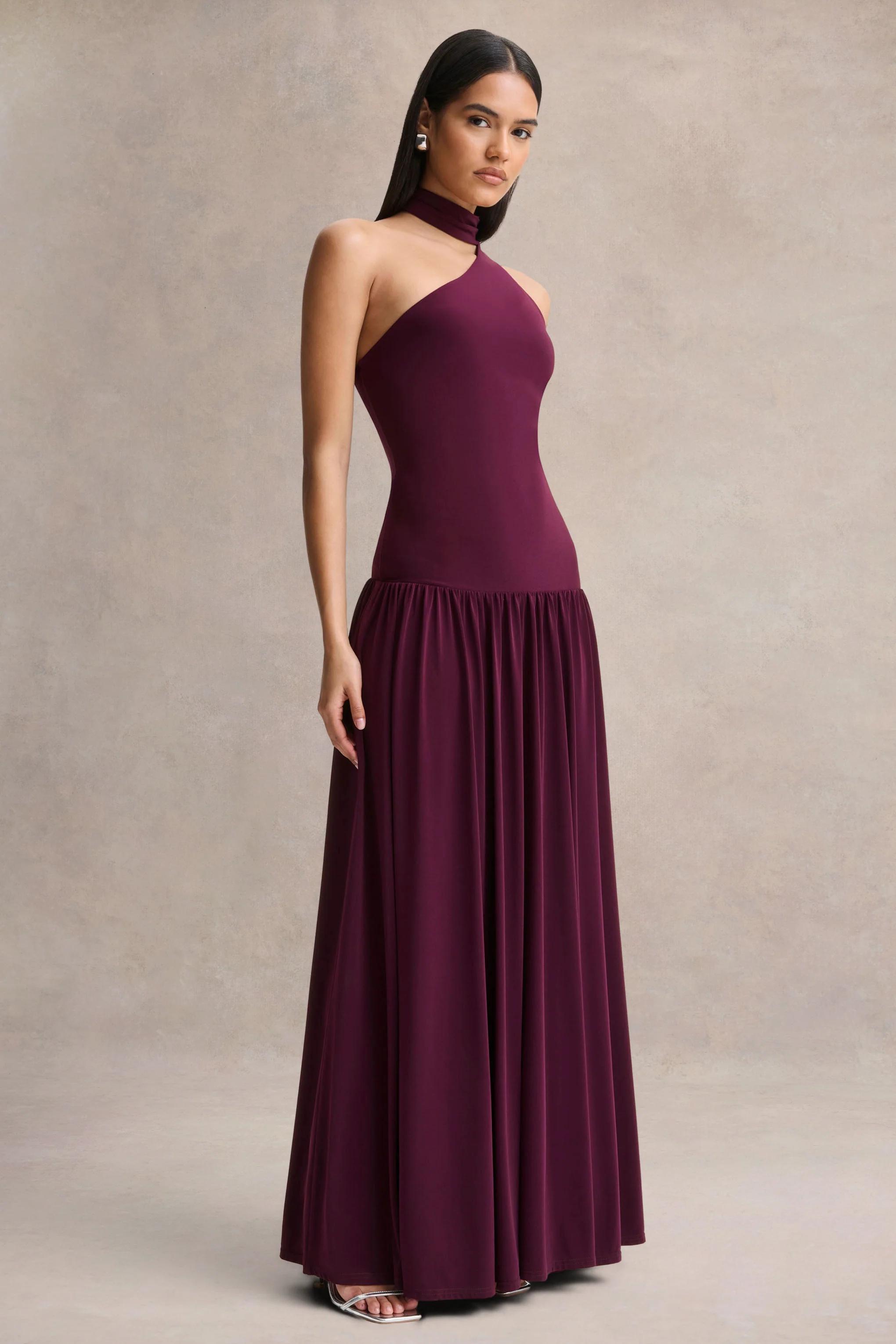 Freesia | Plum Asymmetric-Neck Maxi Dress With Scarf-Detail - Image 5