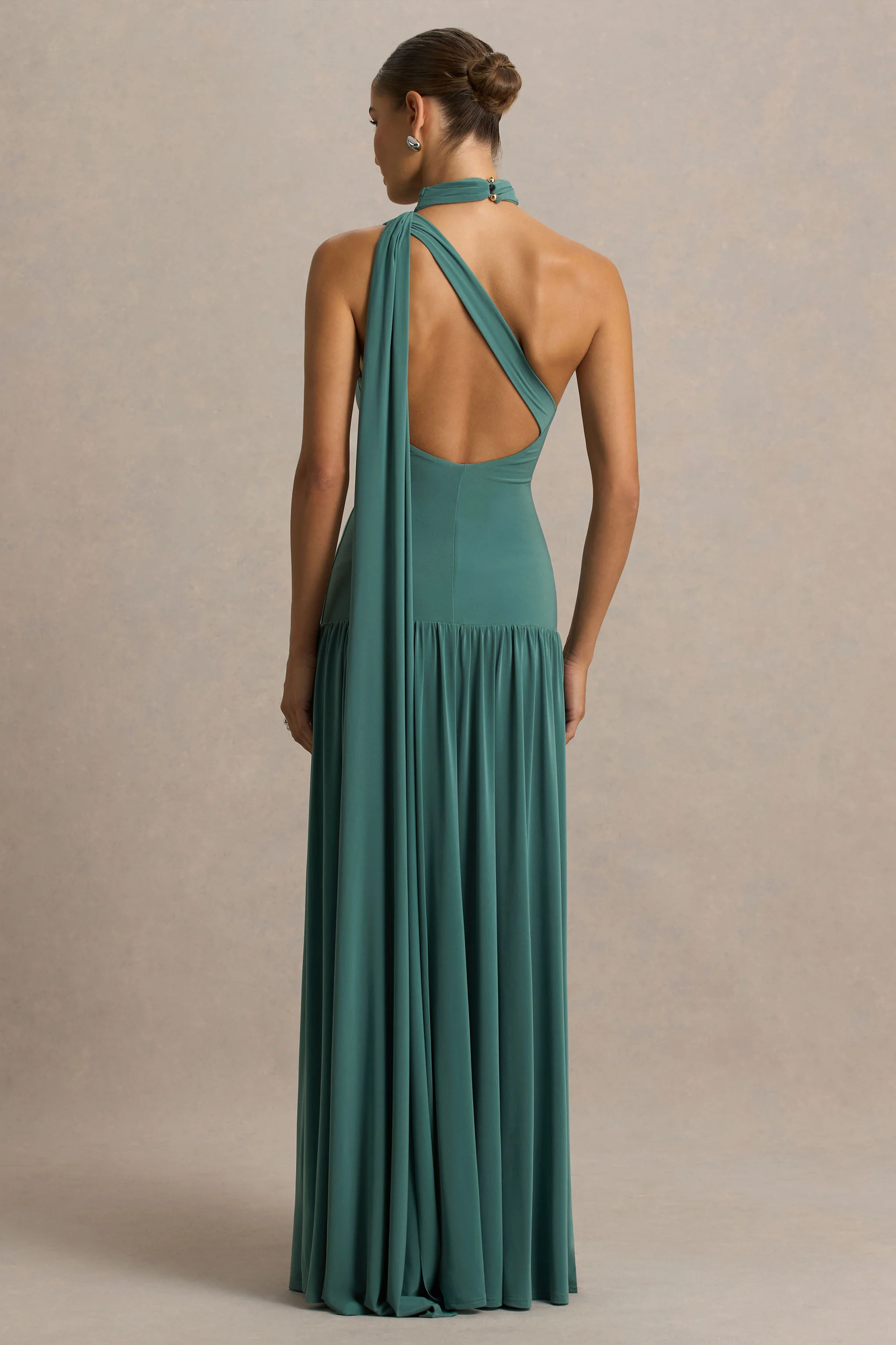 Freesia | Teal Asymmetric-Neck Maxi Dress With Scarf-Detail - Image 2
