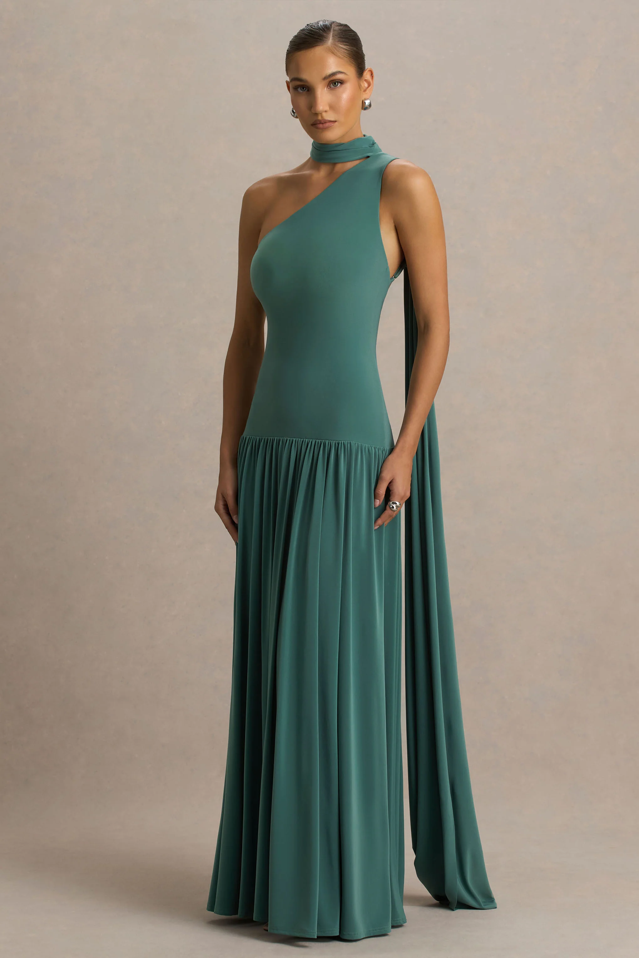 Freesia | Teal Asymmetric-Neck Maxi Dress With Scarf-Detail - Image 3