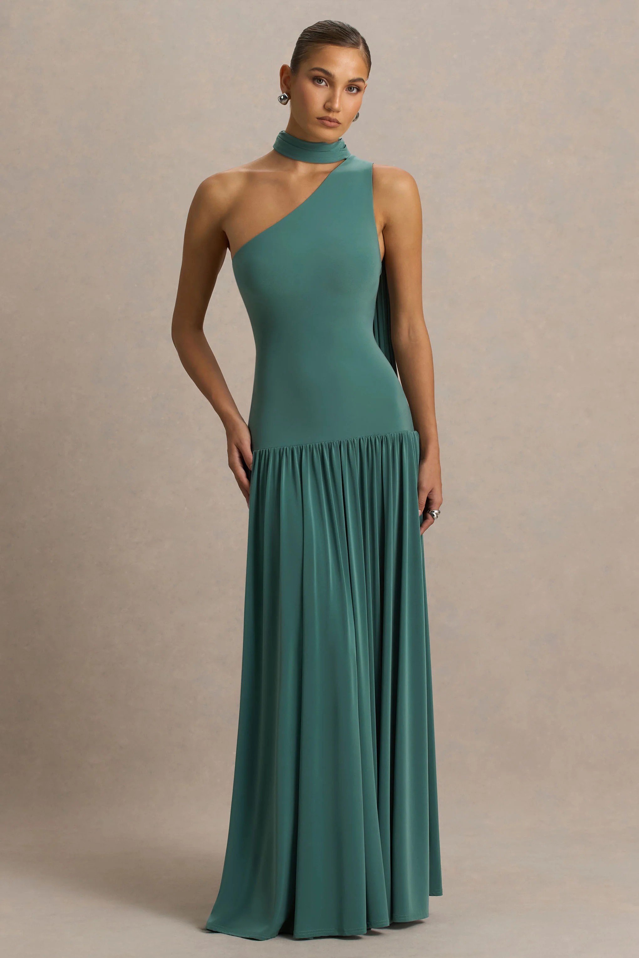 Freesia | Teal Asymmetric-Neck Maxi Dress With Scarf-Detail - Image 5