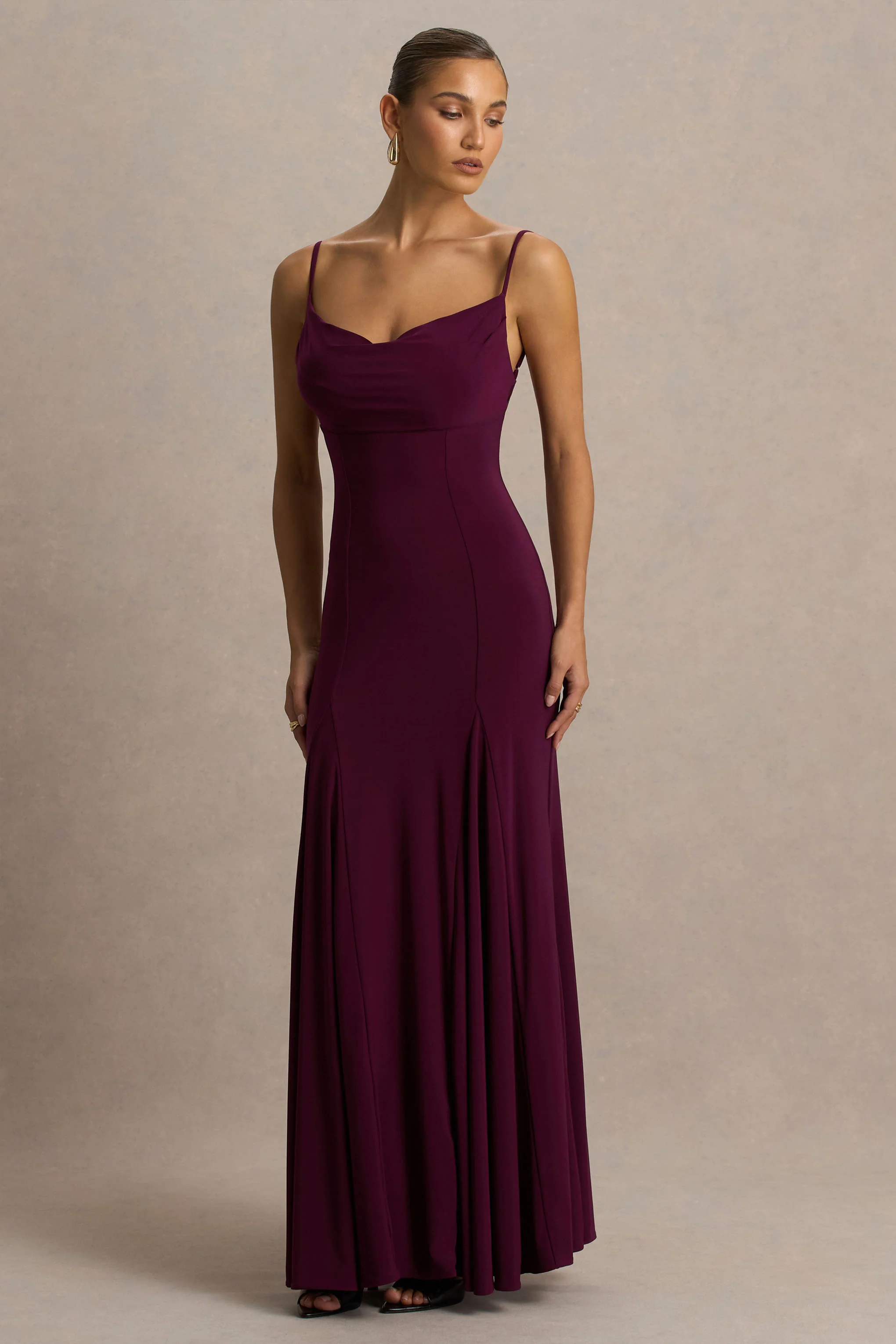 Gabbie | Burgundy Cowl-Neck Maxi Dress With Mesh Back Detail - Image 3