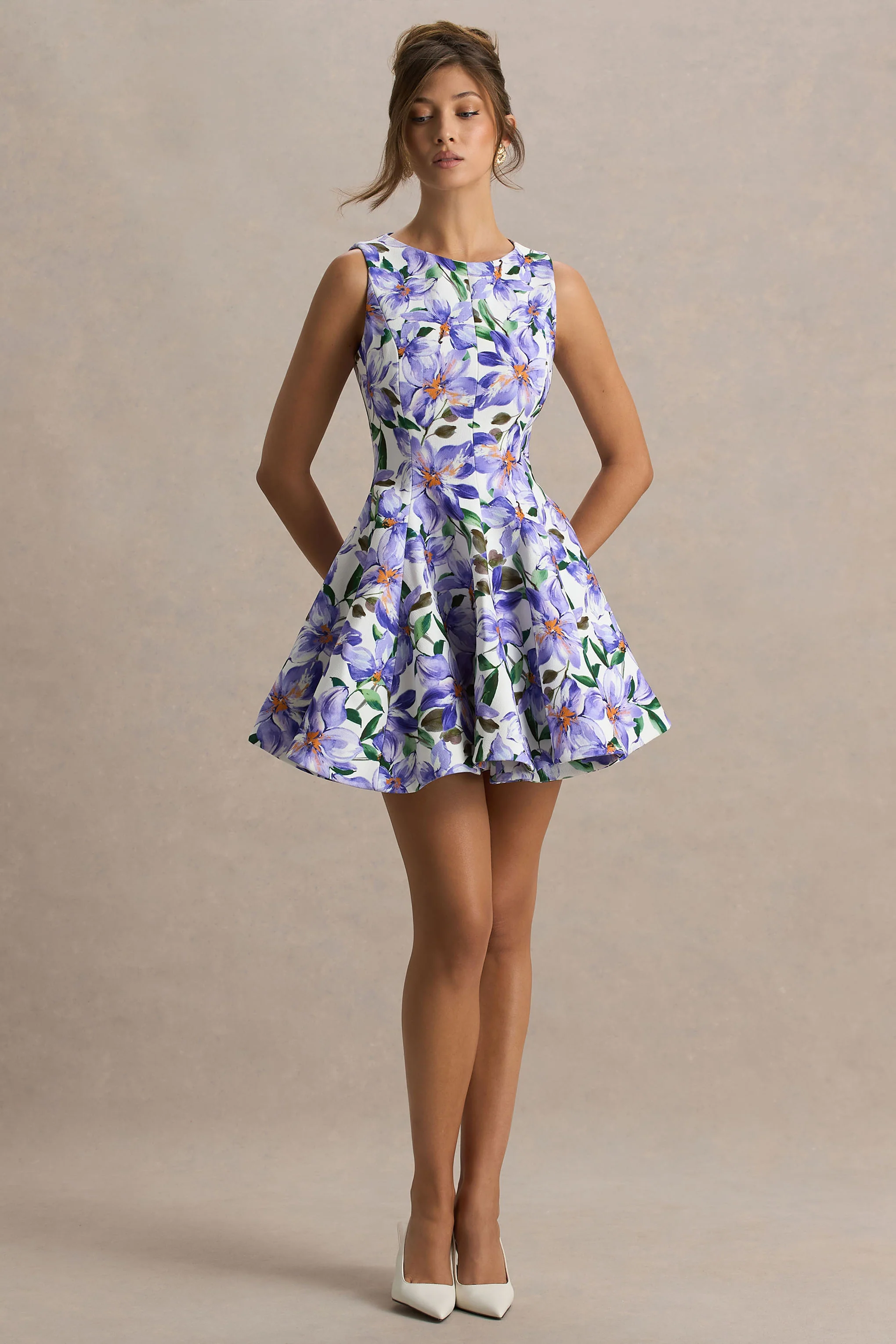 Gabrielle | Purple Lily Print Boat-Neck Skater Mini Dress - Image 2