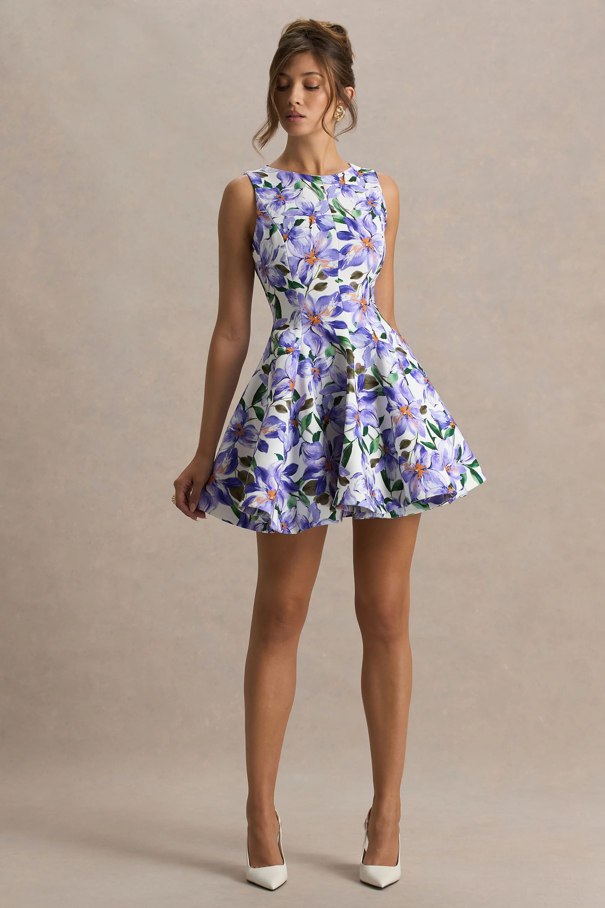 Gabrielle | Purple Lily Print Boat-Neck Skater Mini Dress - Image 5