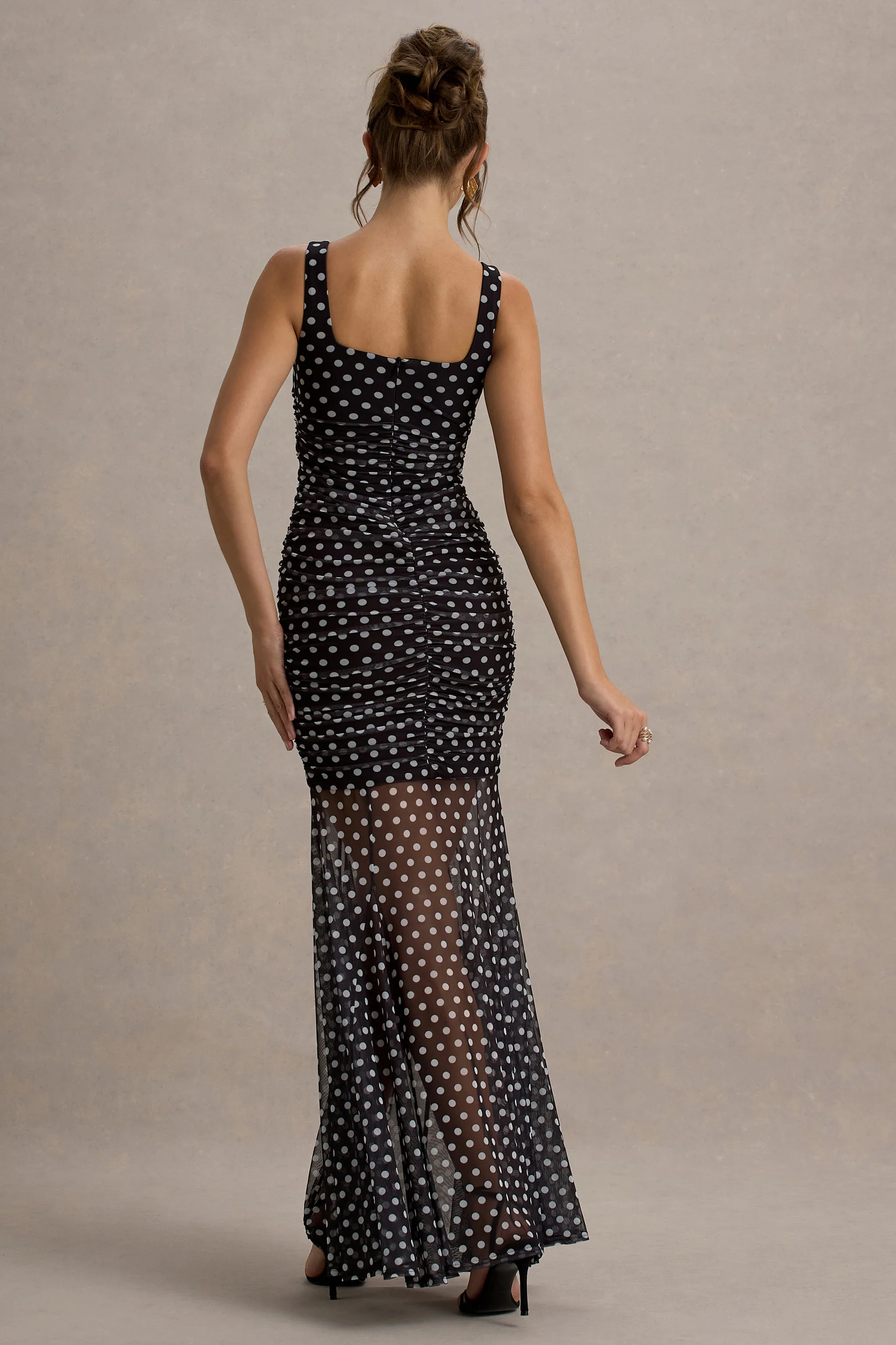 Galaxia | Black & White Polka Dot Maxi Dress With Mesh Skirt - Image 2