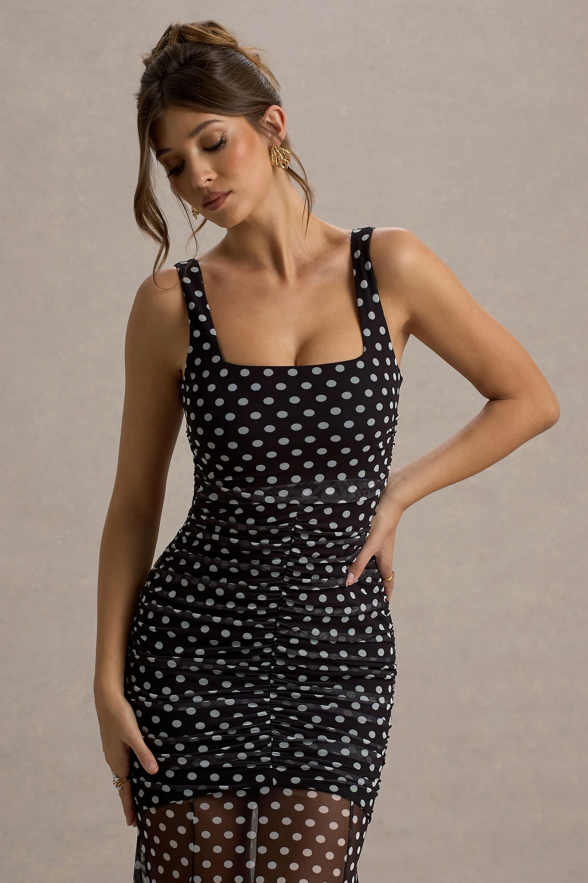 Galaxia | Black & White Polka Dot Maxi Dress With Mesh Skirt - Image 3