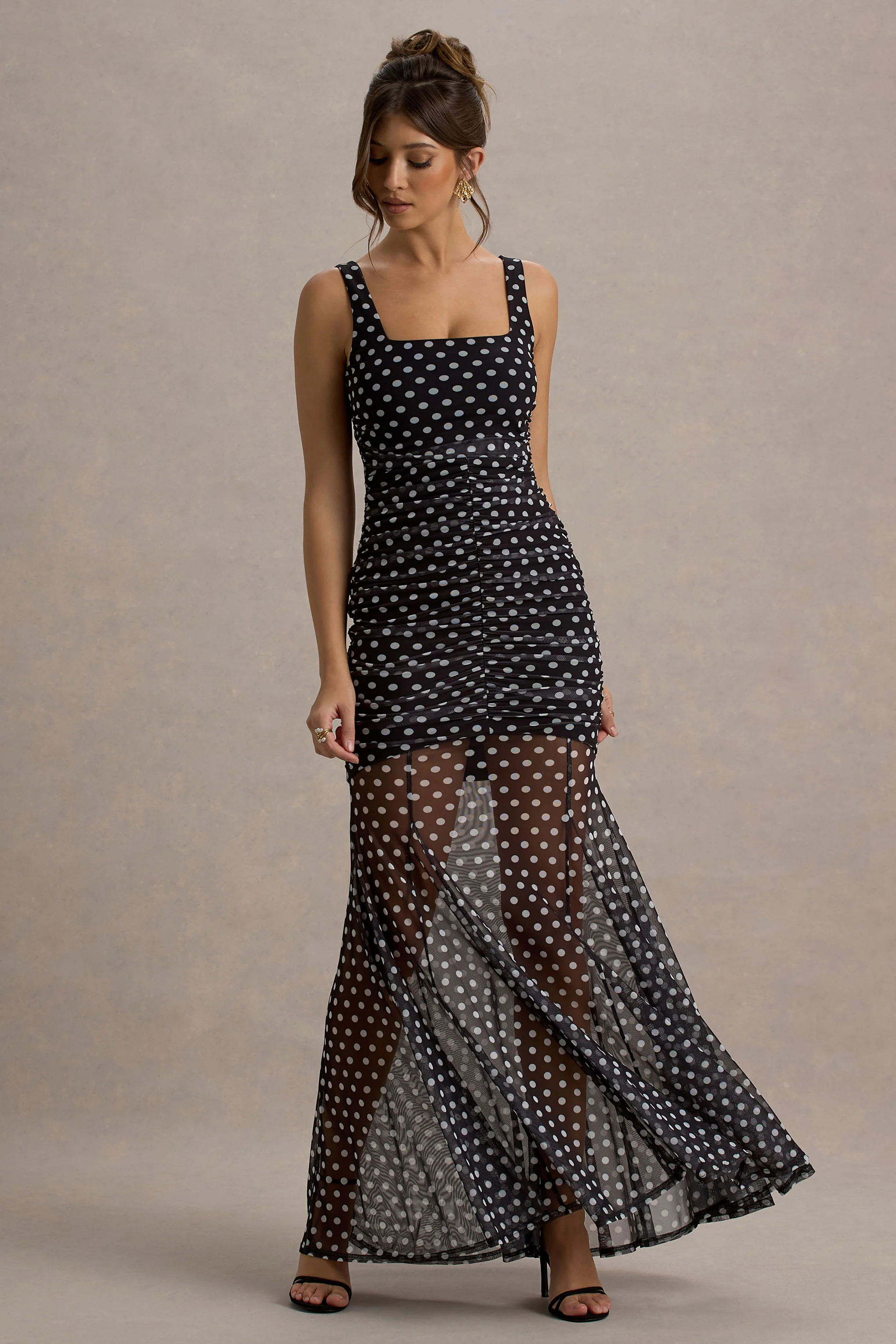 Galaxia | Black & White Polka Dot Maxi Dress With Mesh Skirt - Image 4