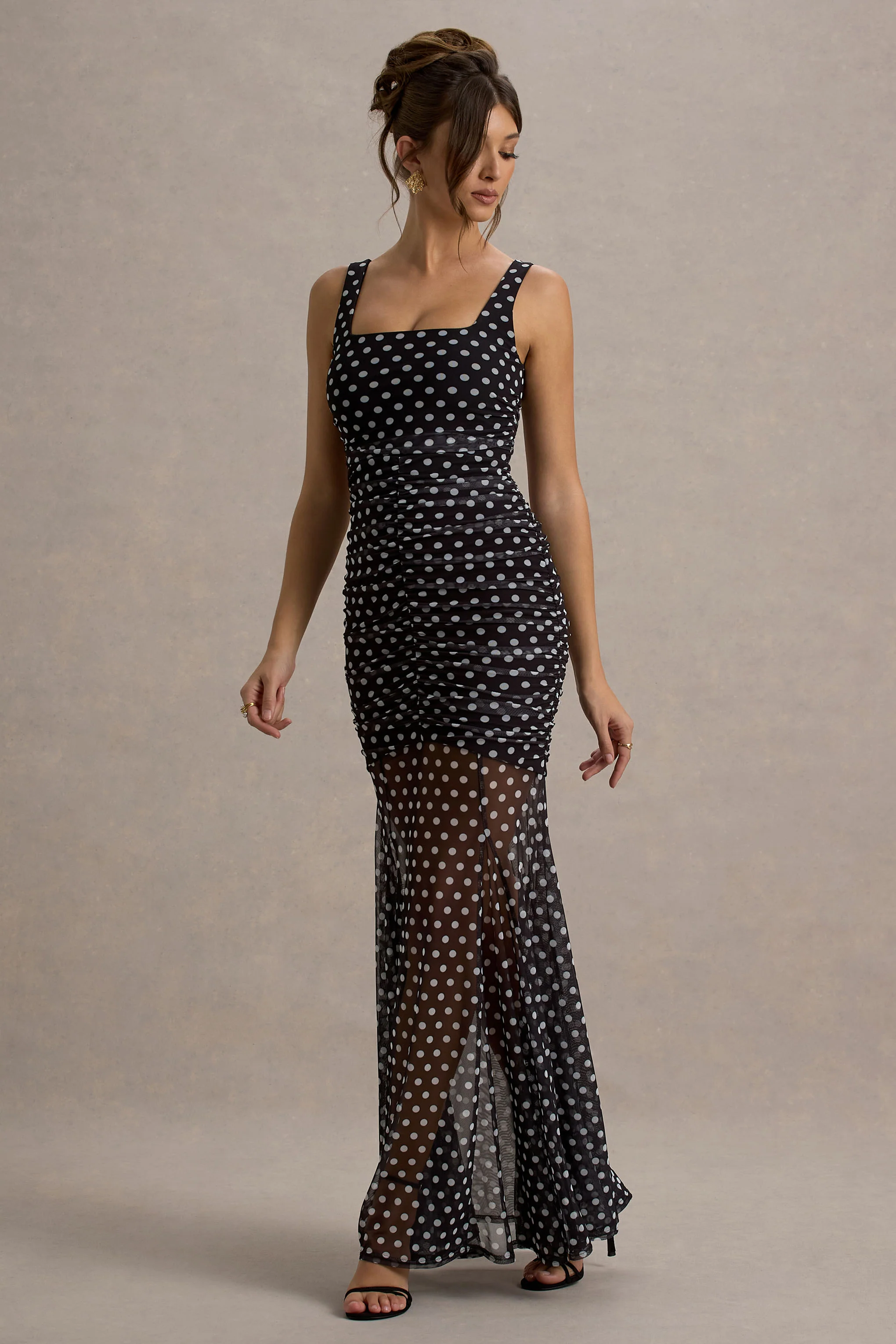Galaxia | Black & White Polka Dot Maxi Dress With Mesh Skirt - Image 5