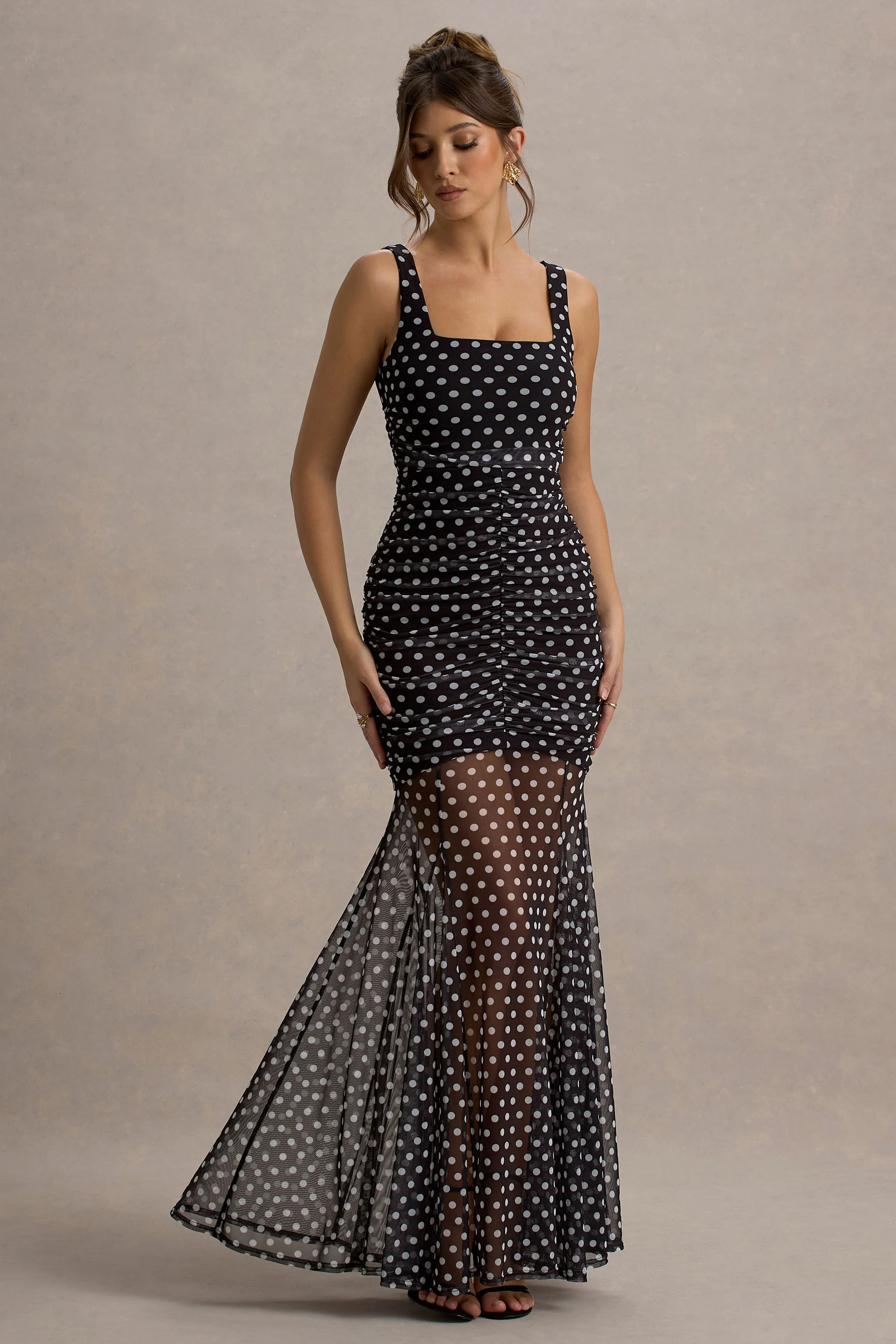 Galaxia | Black & White Polka Dot Maxi Dress With Mesh Skirt - Image 6