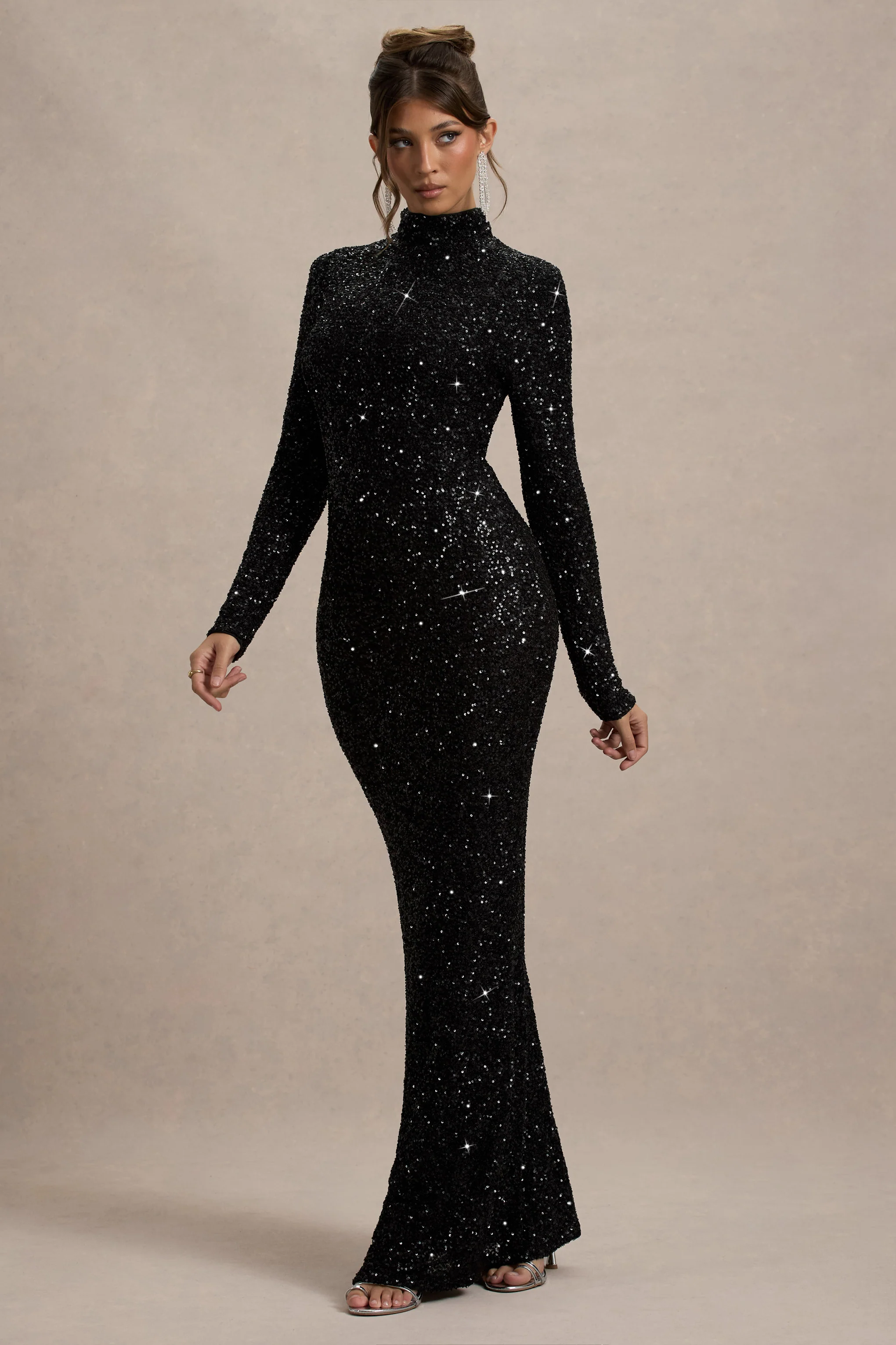 Galaxy | Black Sequin Turtle-Neck Long-Sleeve Maxi Dress - Image 4