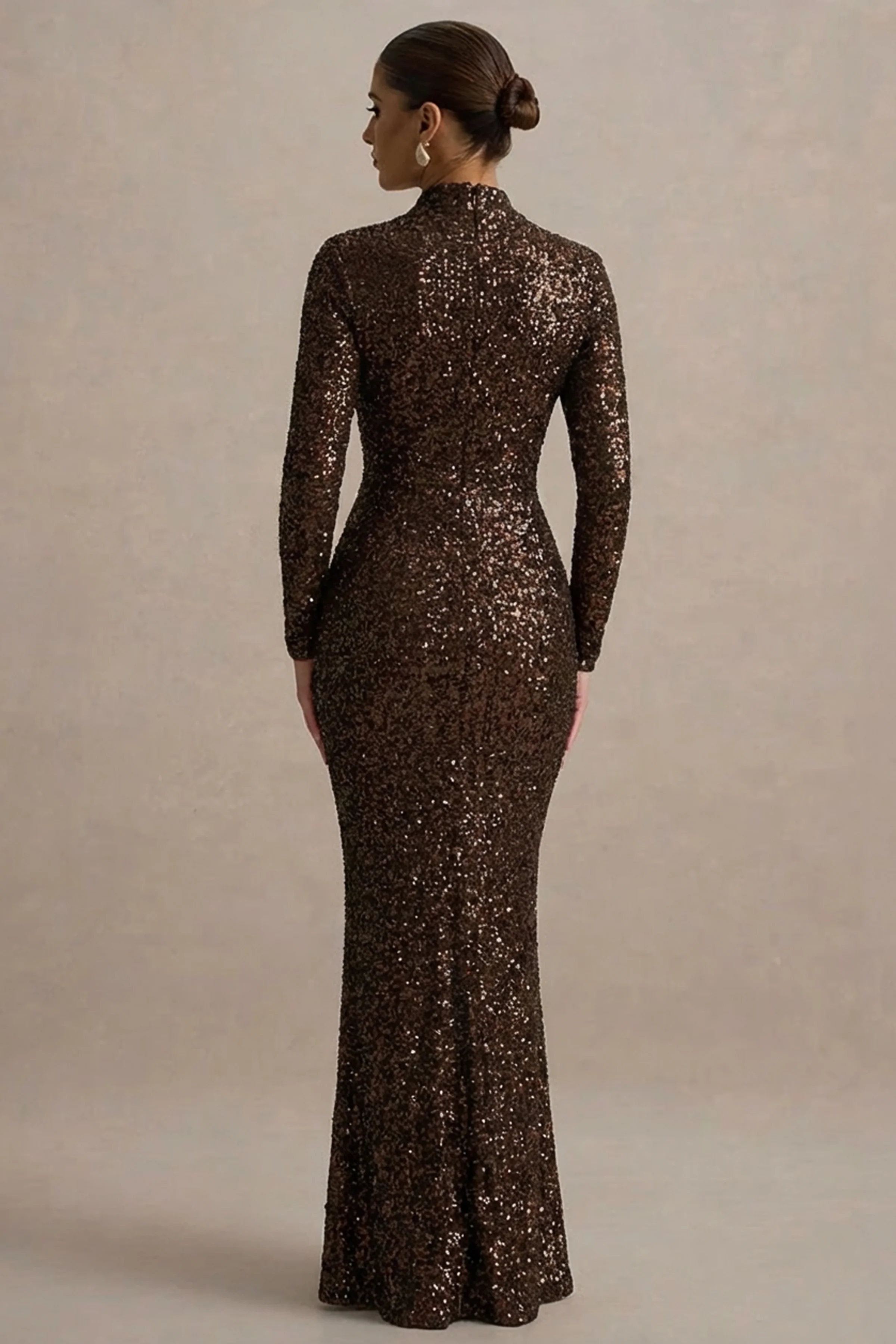 Galaxy | Brown Sequin Turtle-Neck Long-Sleeve Maxi Dress - Image 2